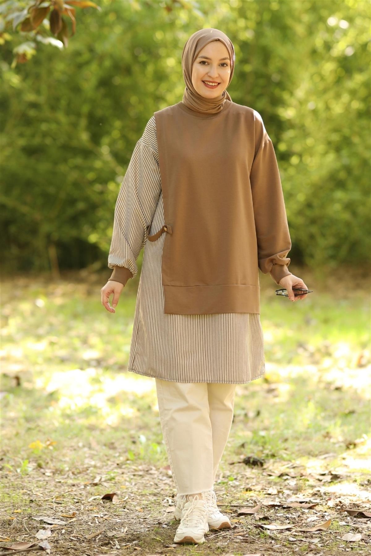 Mila Gofre Detaylı Uzun Sweat Camel