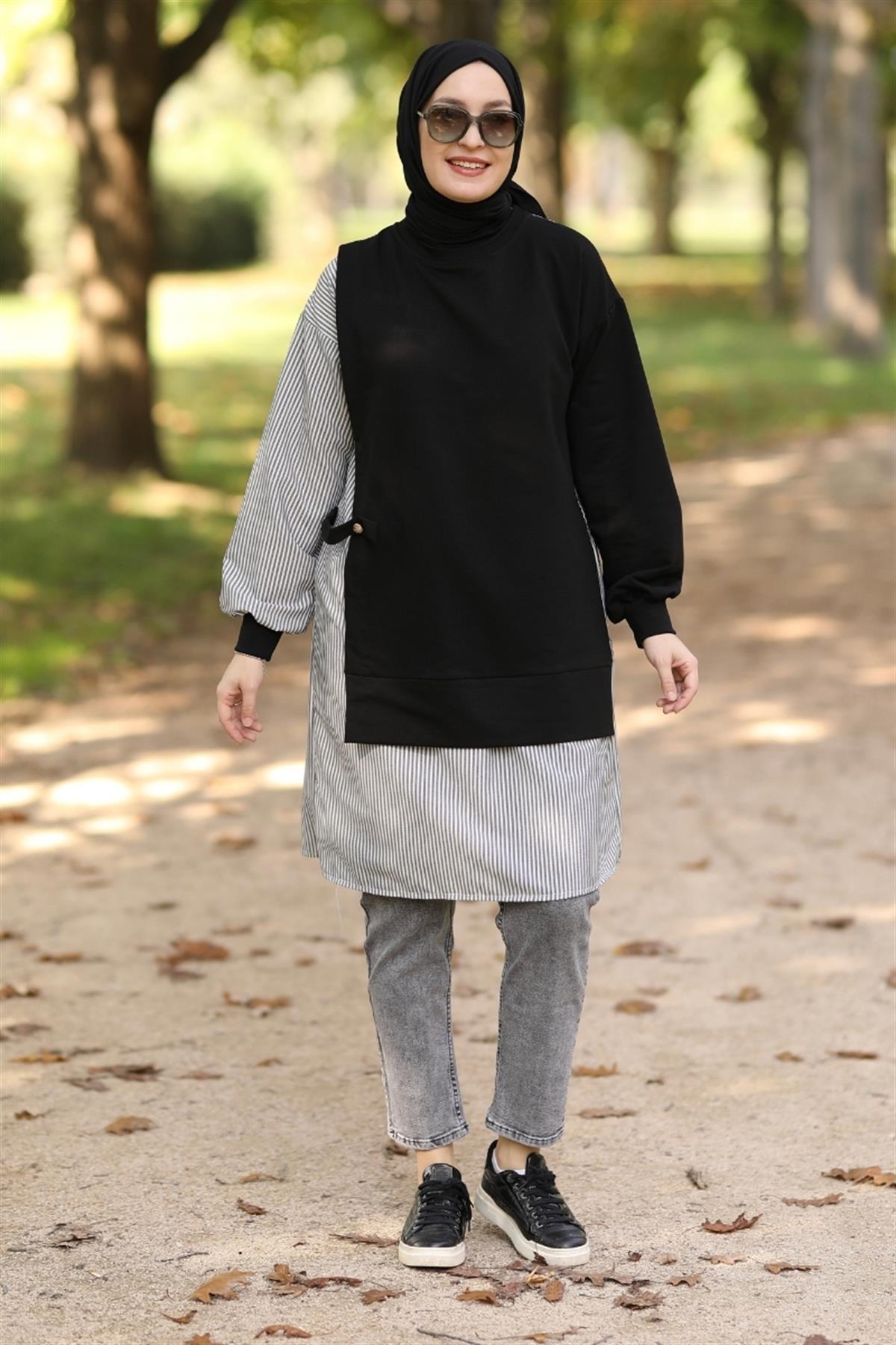 Mila Gofre Detaylı Uzun Sweat Siyah