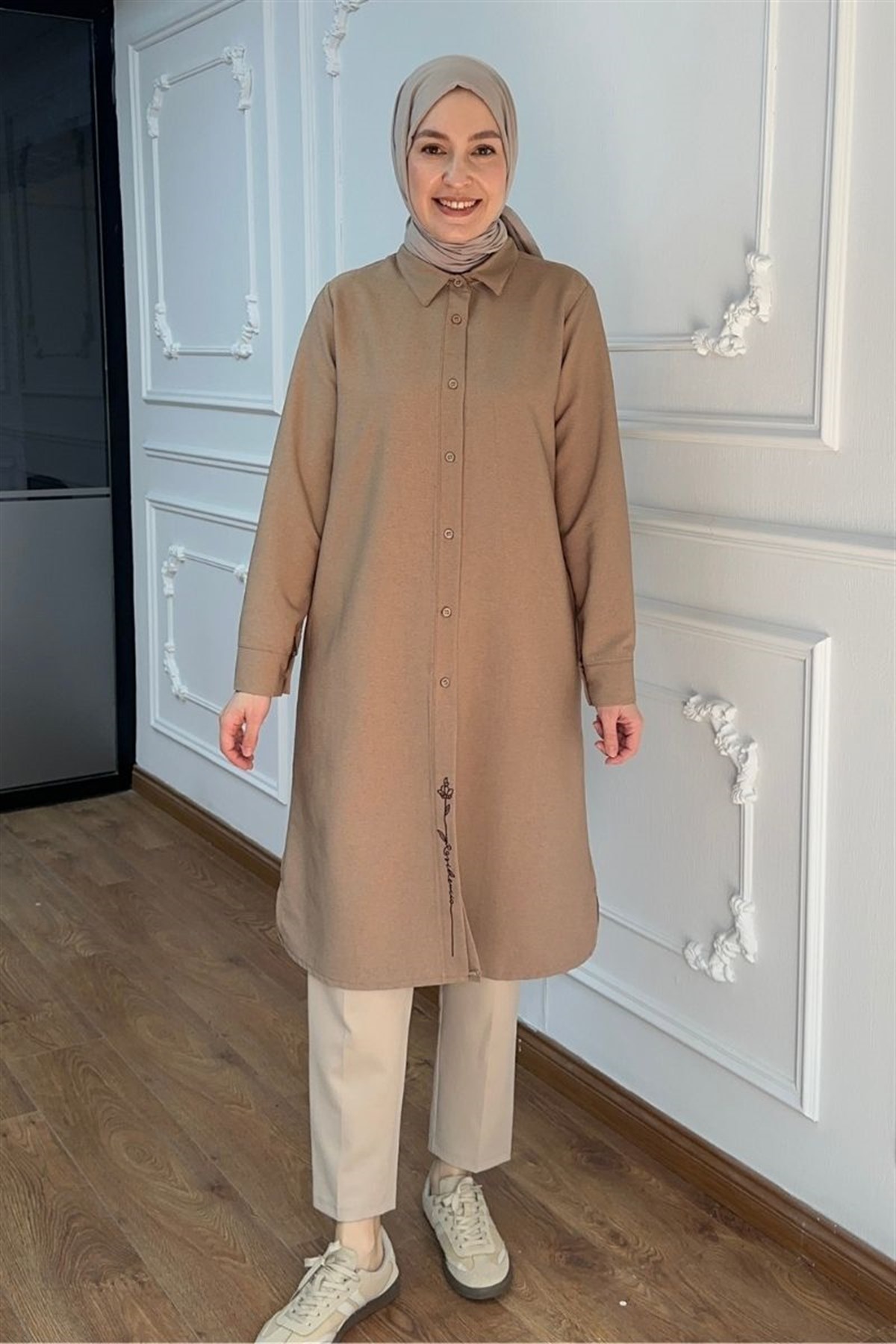 Melisa Nakışlı 110 cm Uzun Tunik Vizon