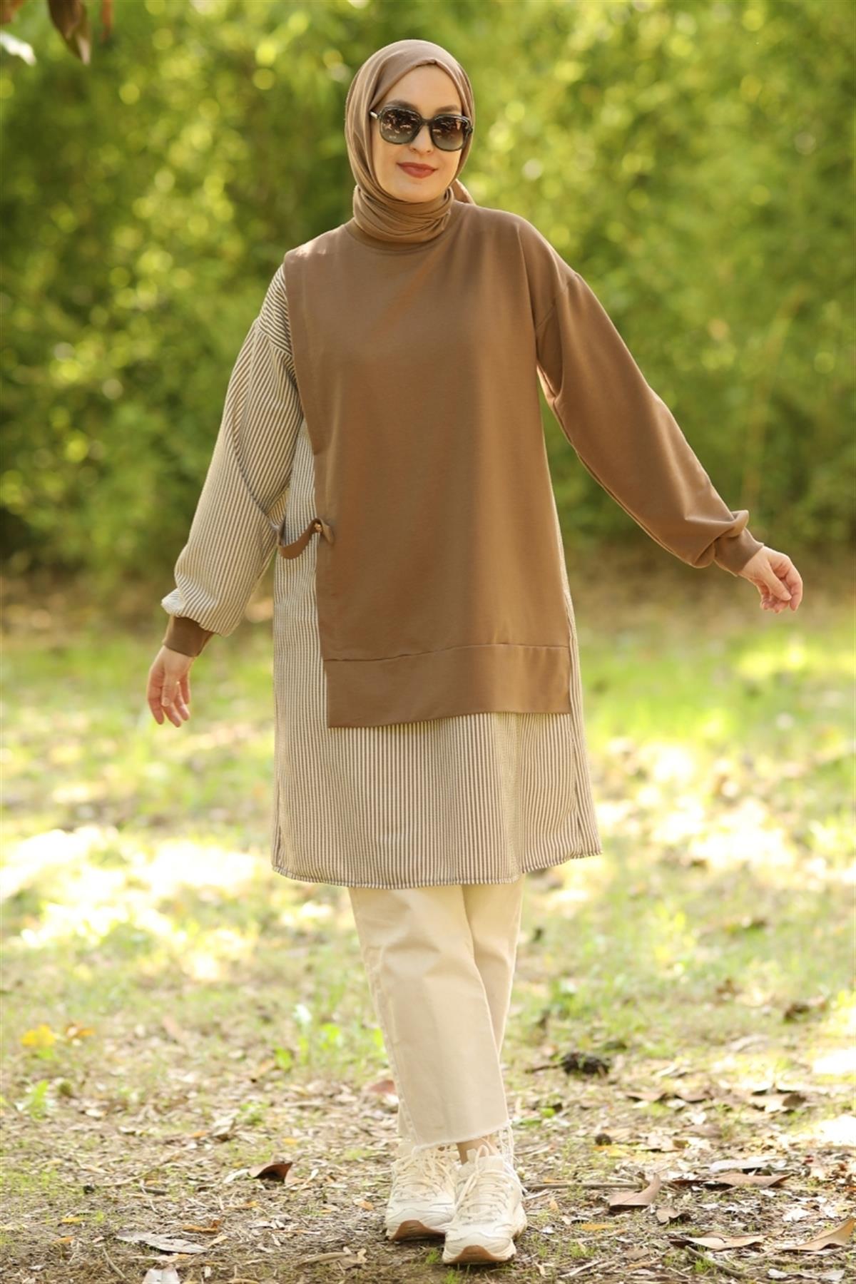 Mila Gofre Detaylı Uzun Sweat Camel