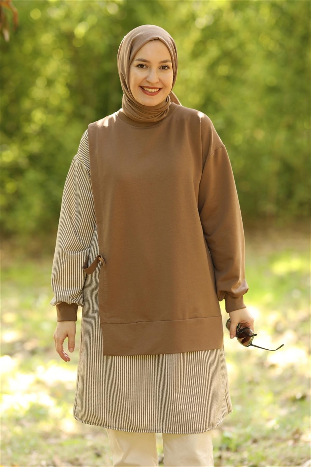 Mila Gofre Detaylı Uzun Sweat Camel
