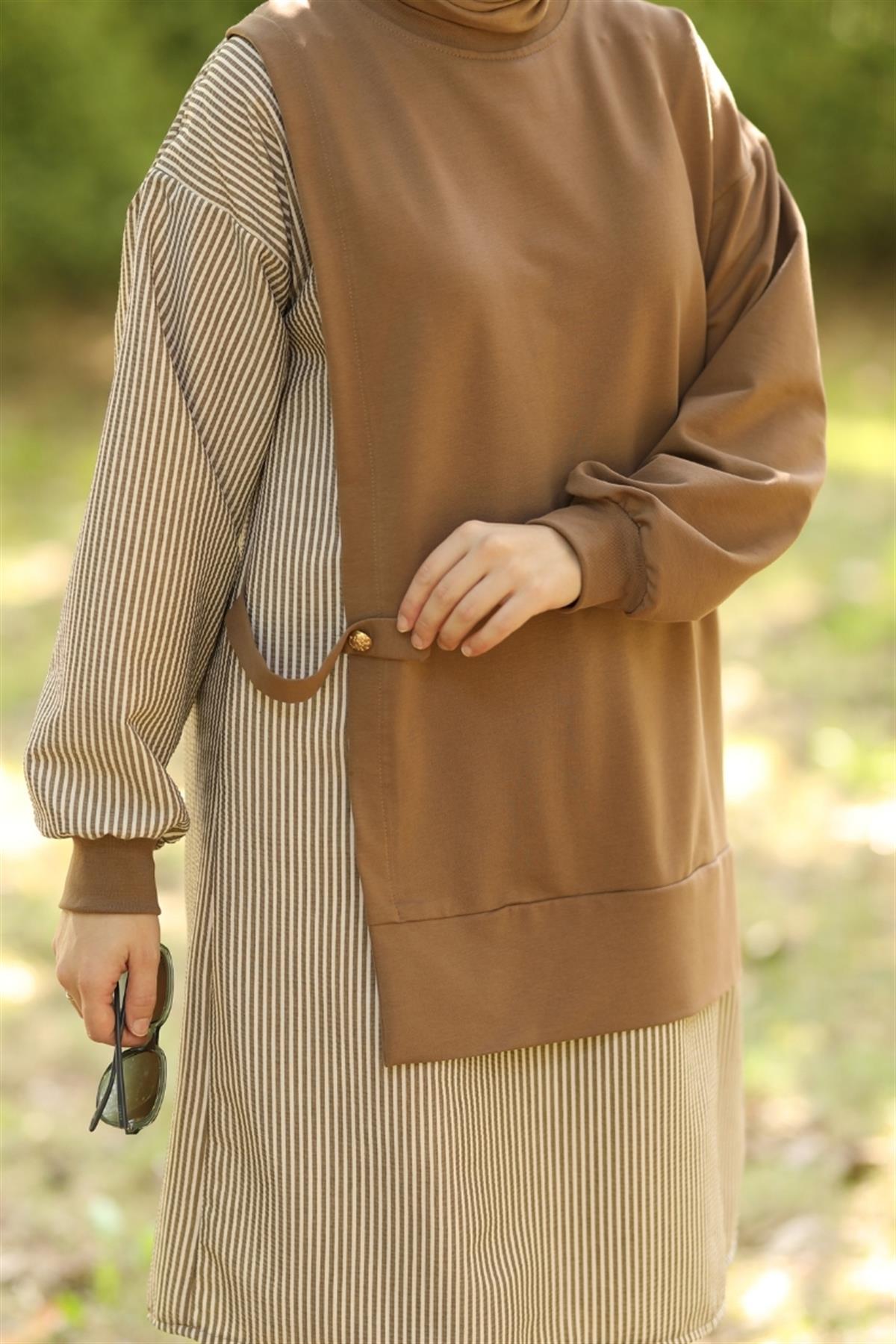 Mila Gofre Detaylı Uzun Sweat Camel