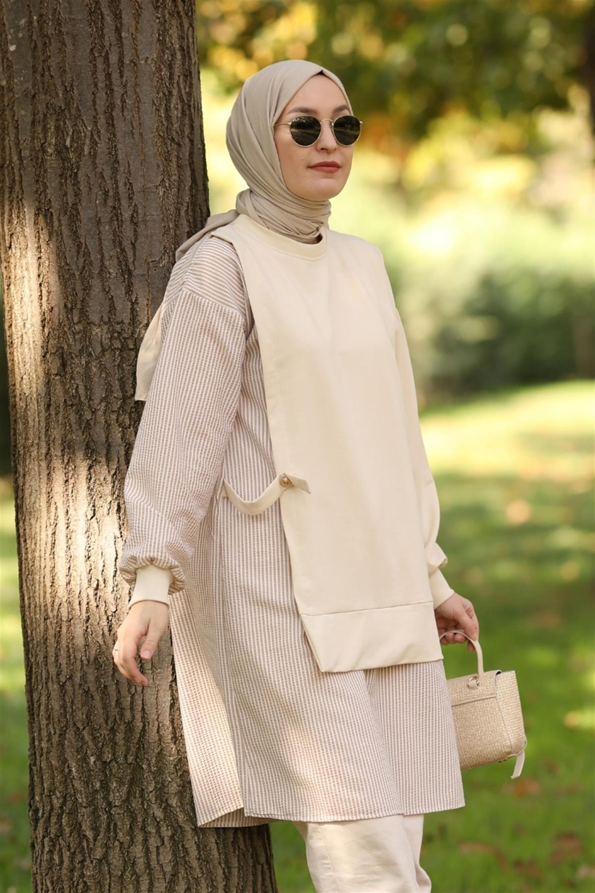 Mila Gofre Detaylı Uzun Sweat Krem