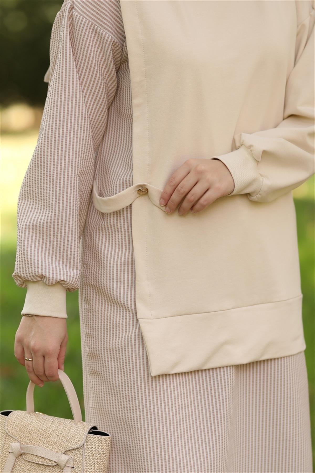 Mila Gofre Detaylı Uzun Sweat Krem