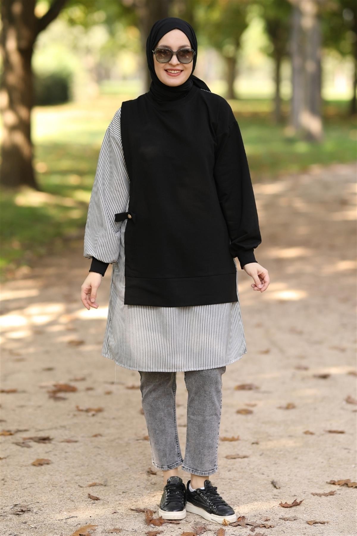 Mila Gofre Detaylı Uzun Sweat Siyah