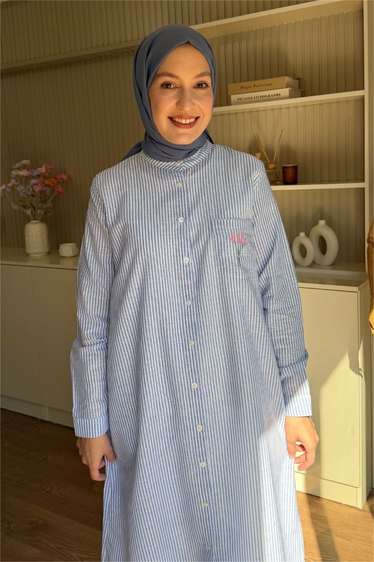 Mimoza Nakışlı Pamuklu Uzun Tunik Mavi