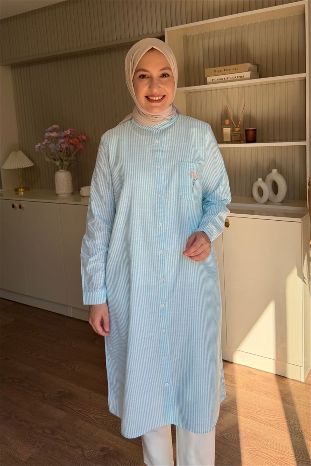 Mimoza Nakışlı Pamuklu Uzun Tunik Turkuaz