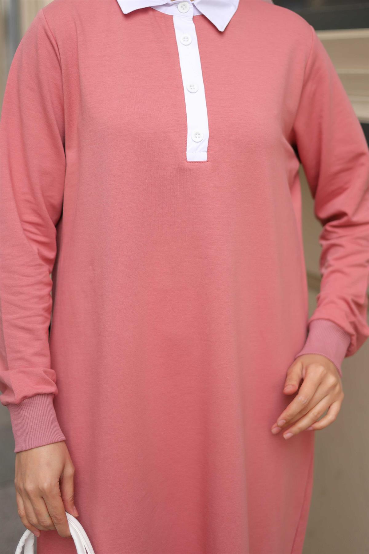 Minel Polo Yaka Sweat Tunik Gül Kurusu