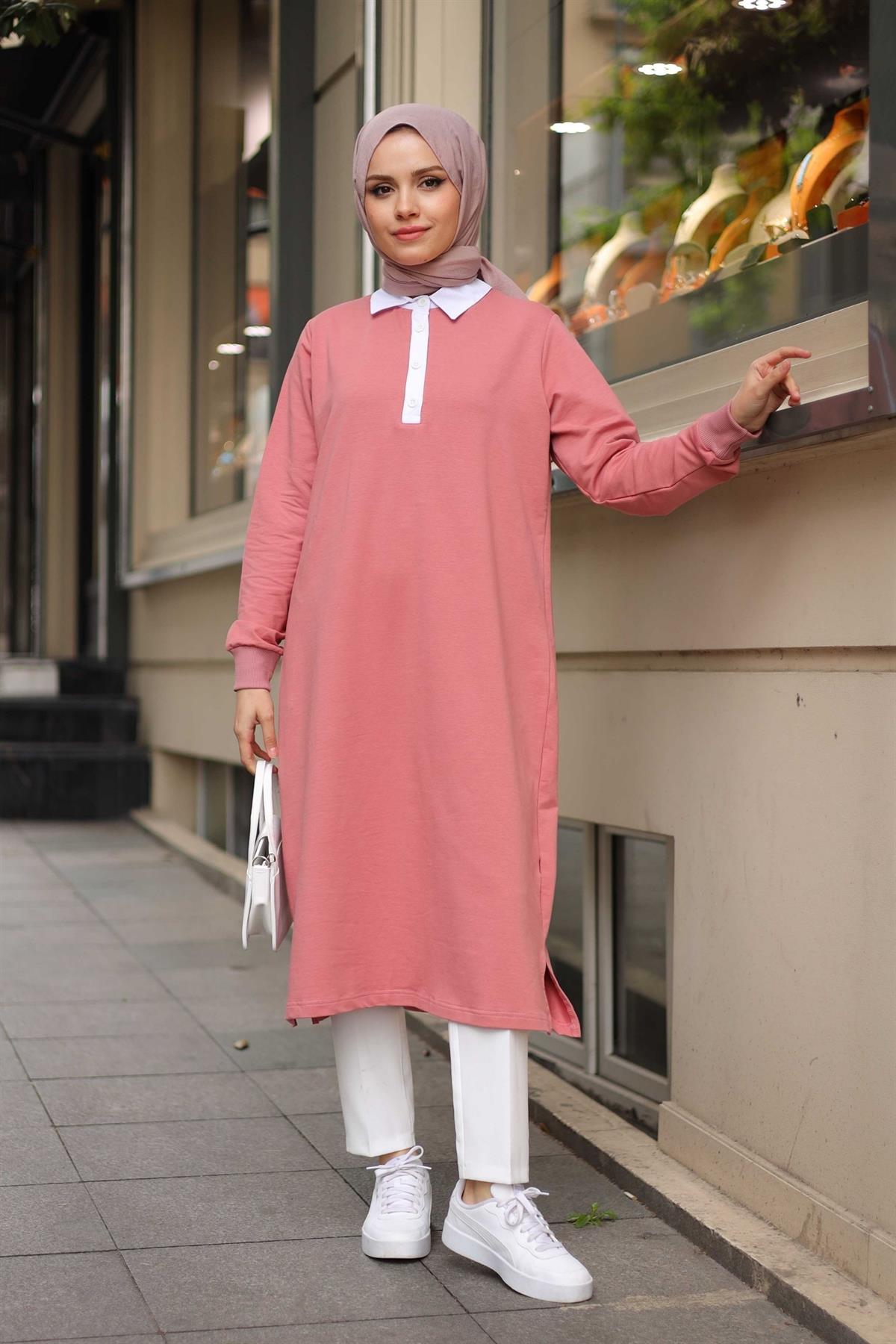 Minel Polo Yaka Sweat Tunik Gül Kurusu