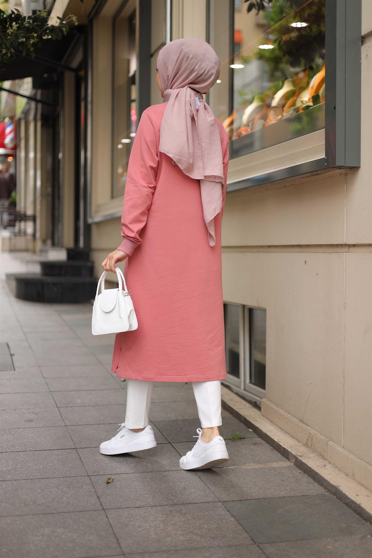 Minel Polo Yaka Sweat Tunik Gül Kurusu