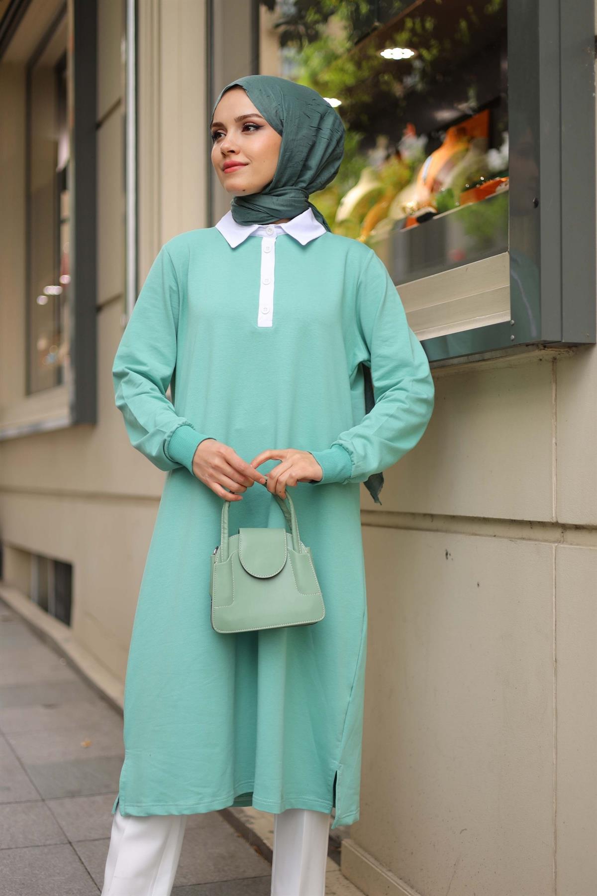 Minel Polo Yaka Sweat Tunik Mint Yeşili