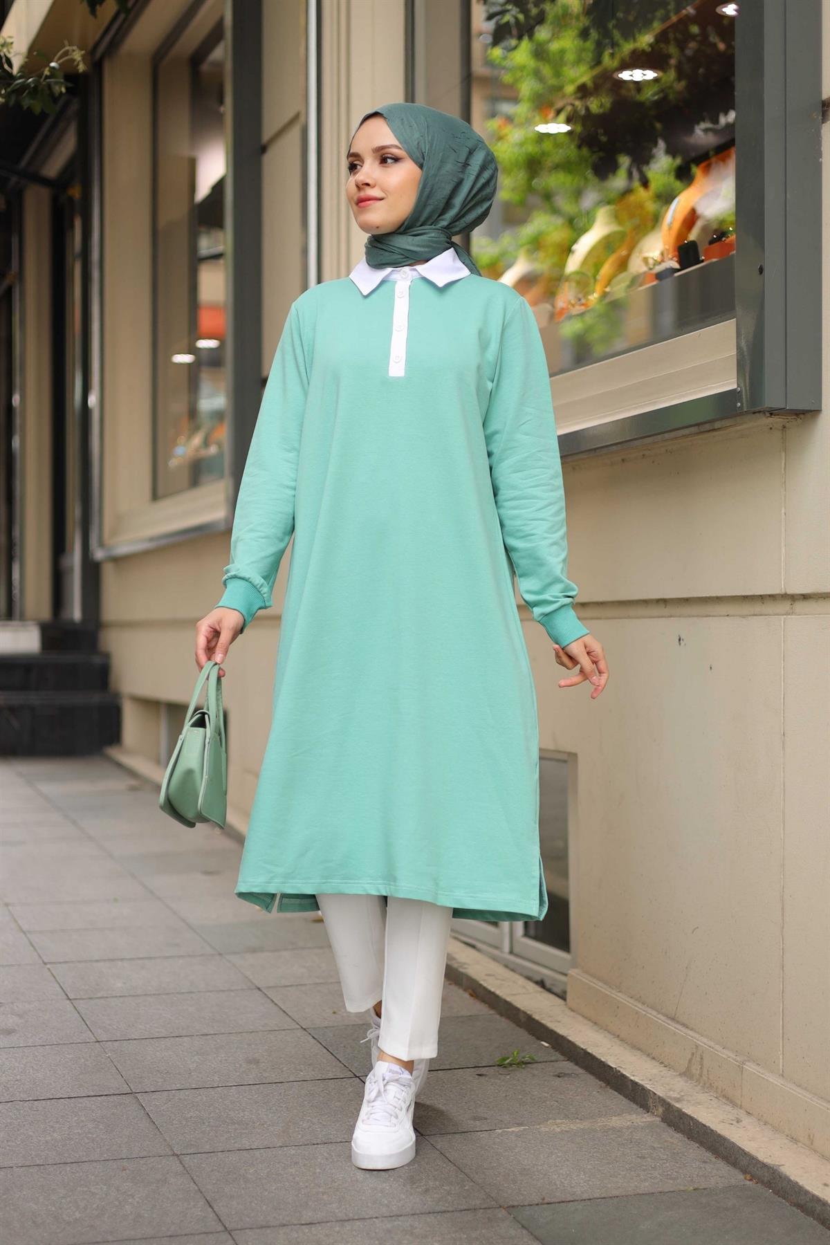 Minel Polo Yaka Sweat Tunik Mint Yeşili