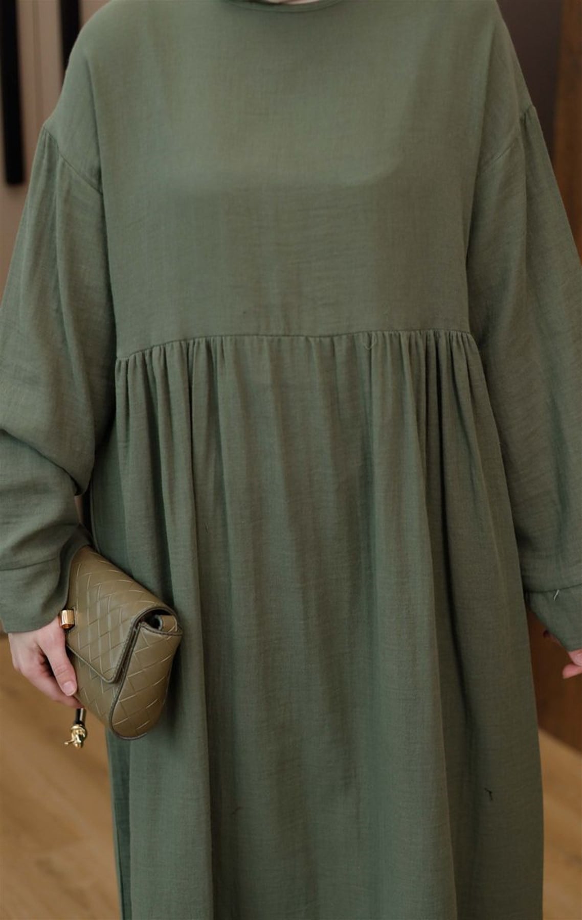 Müslin Uzun Elbise Haki
