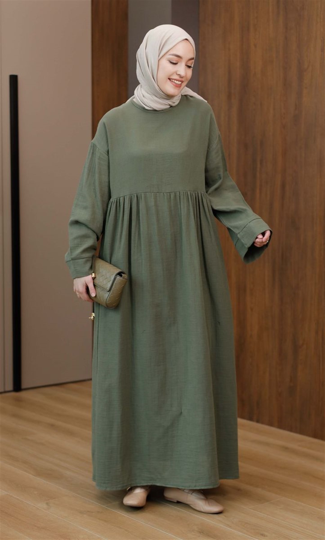 Müslin Uzun Elbise Haki