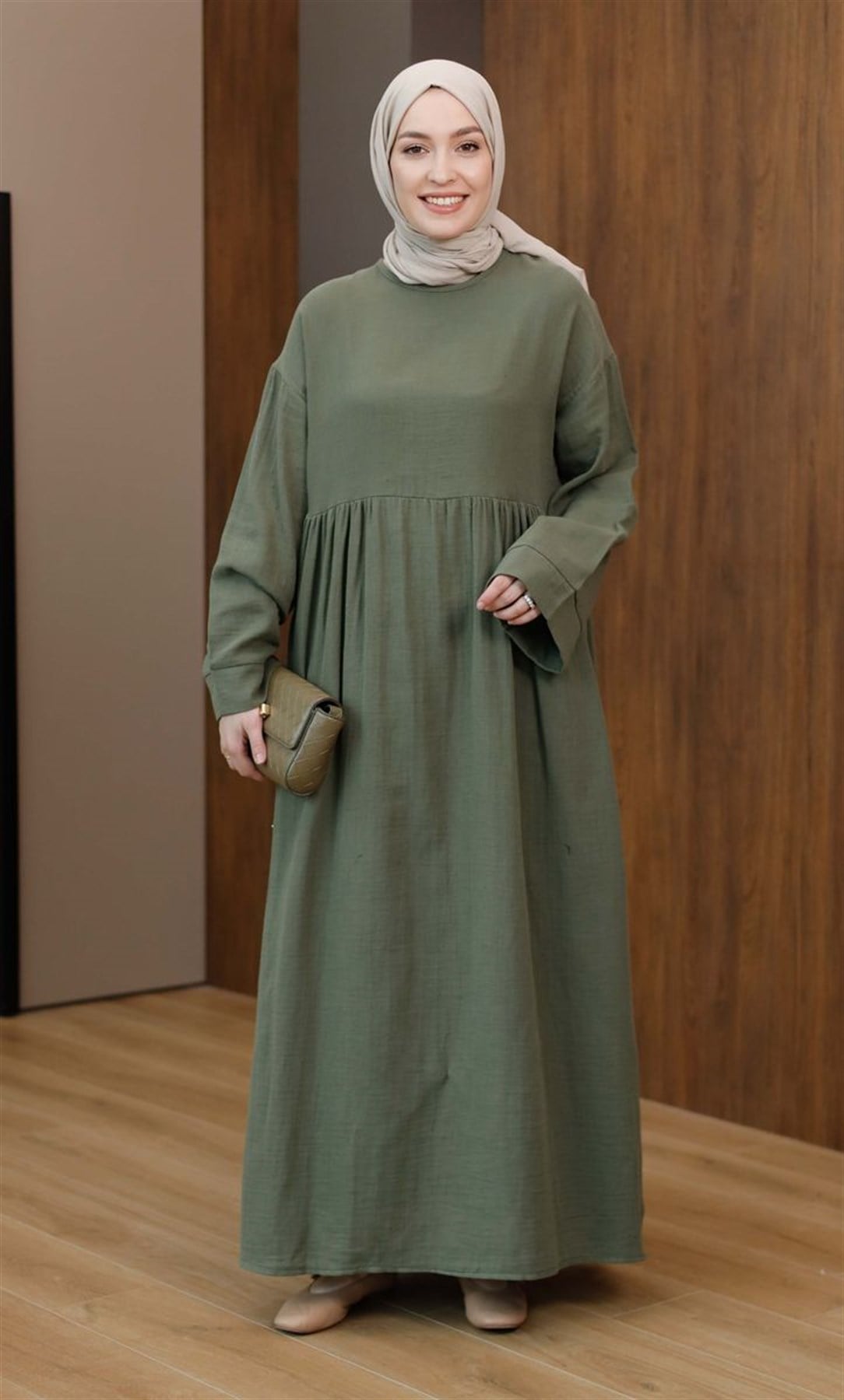 Müslin Uzun Elbise Haki