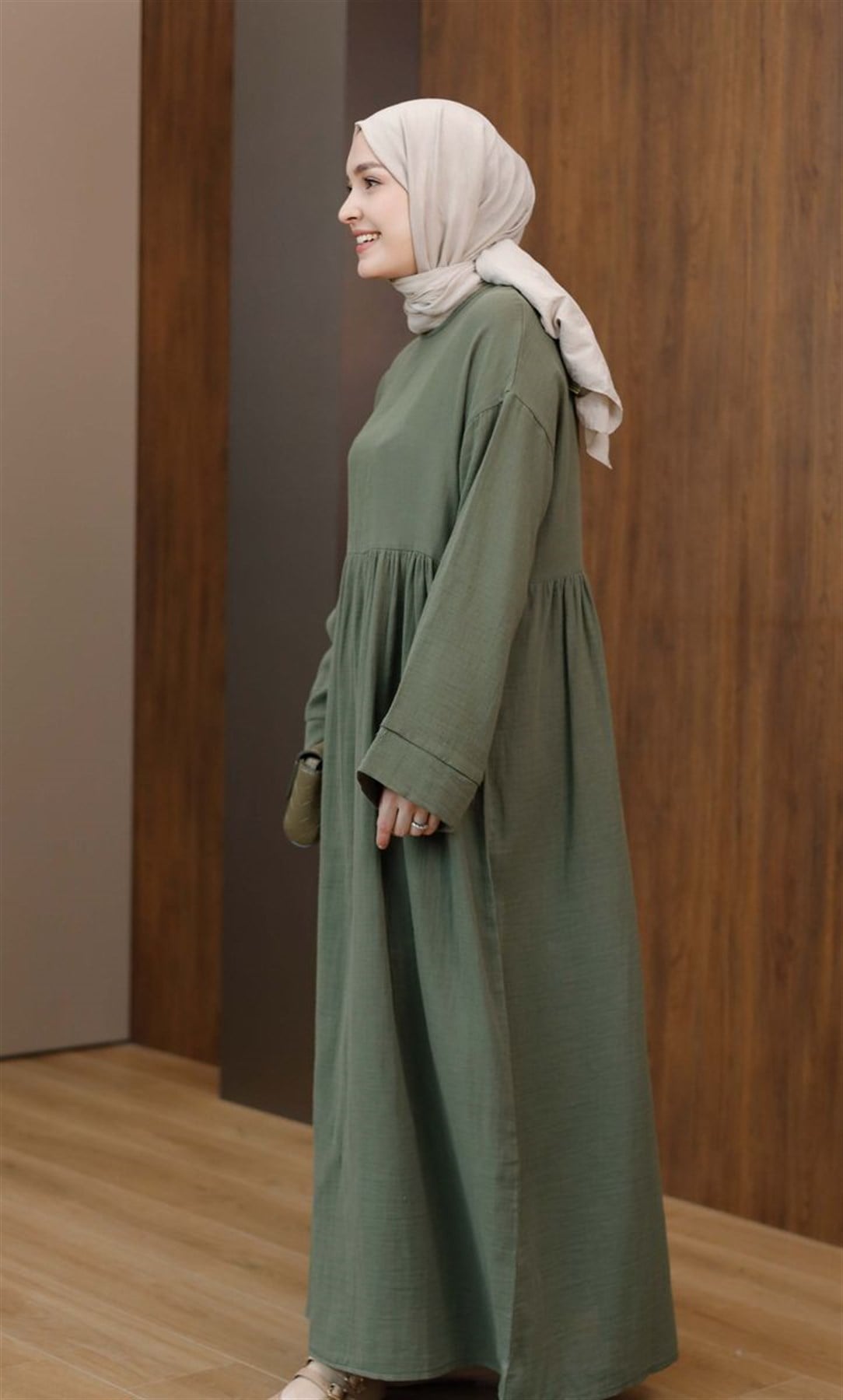 Müslin Uzun Elbise Haki