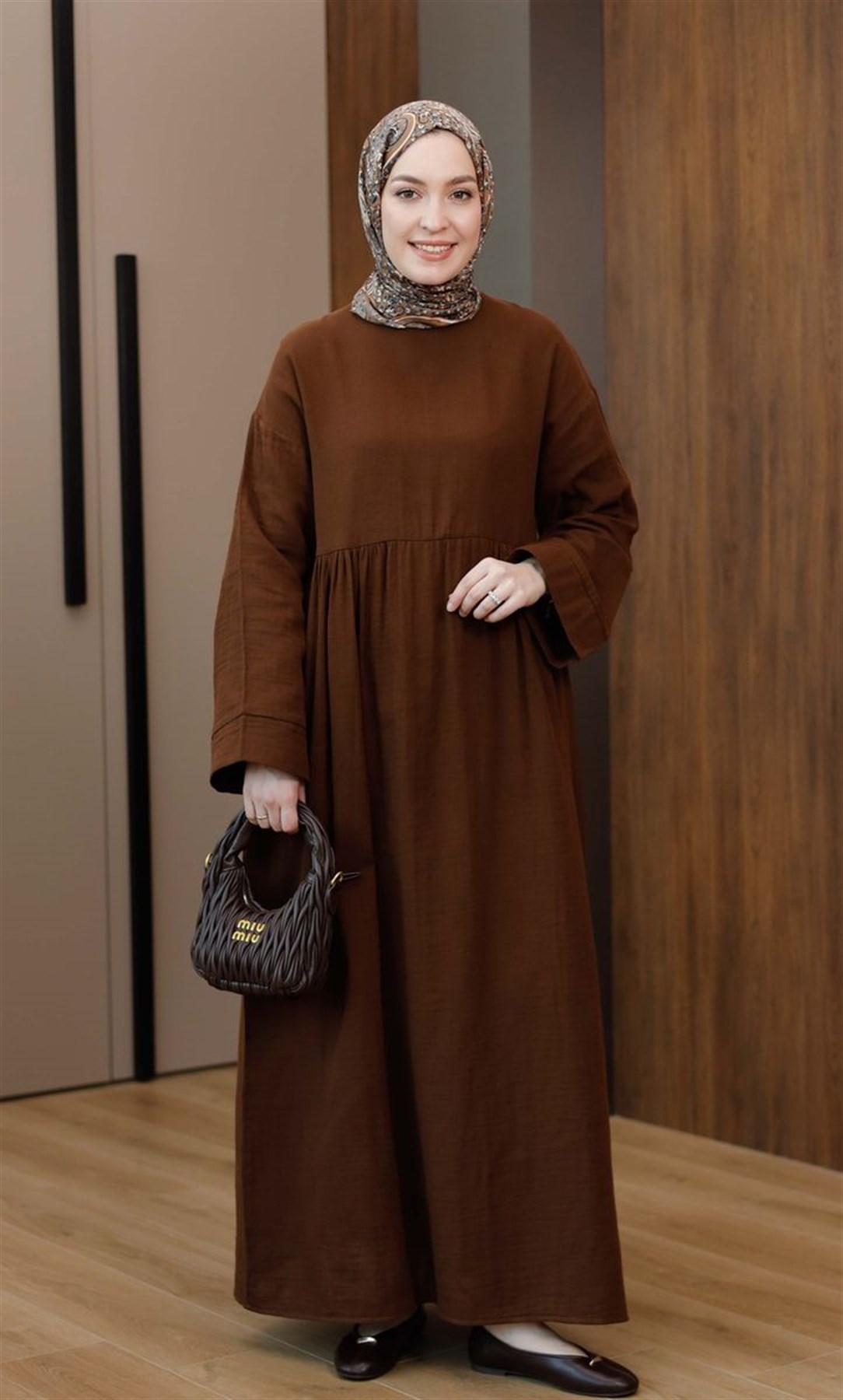 Müslin Uzun Elbise Kahve