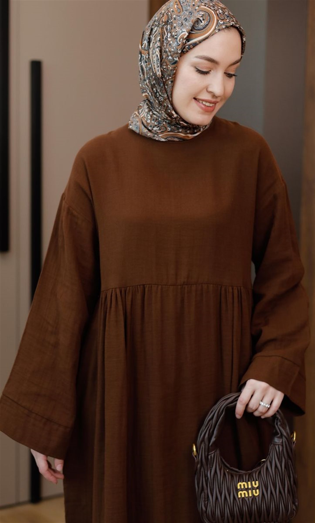 Müslin Uzun Elbise Kahve