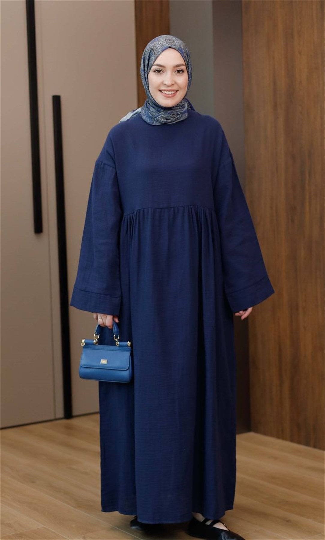 Müslin Uzun Elbise Lacivert