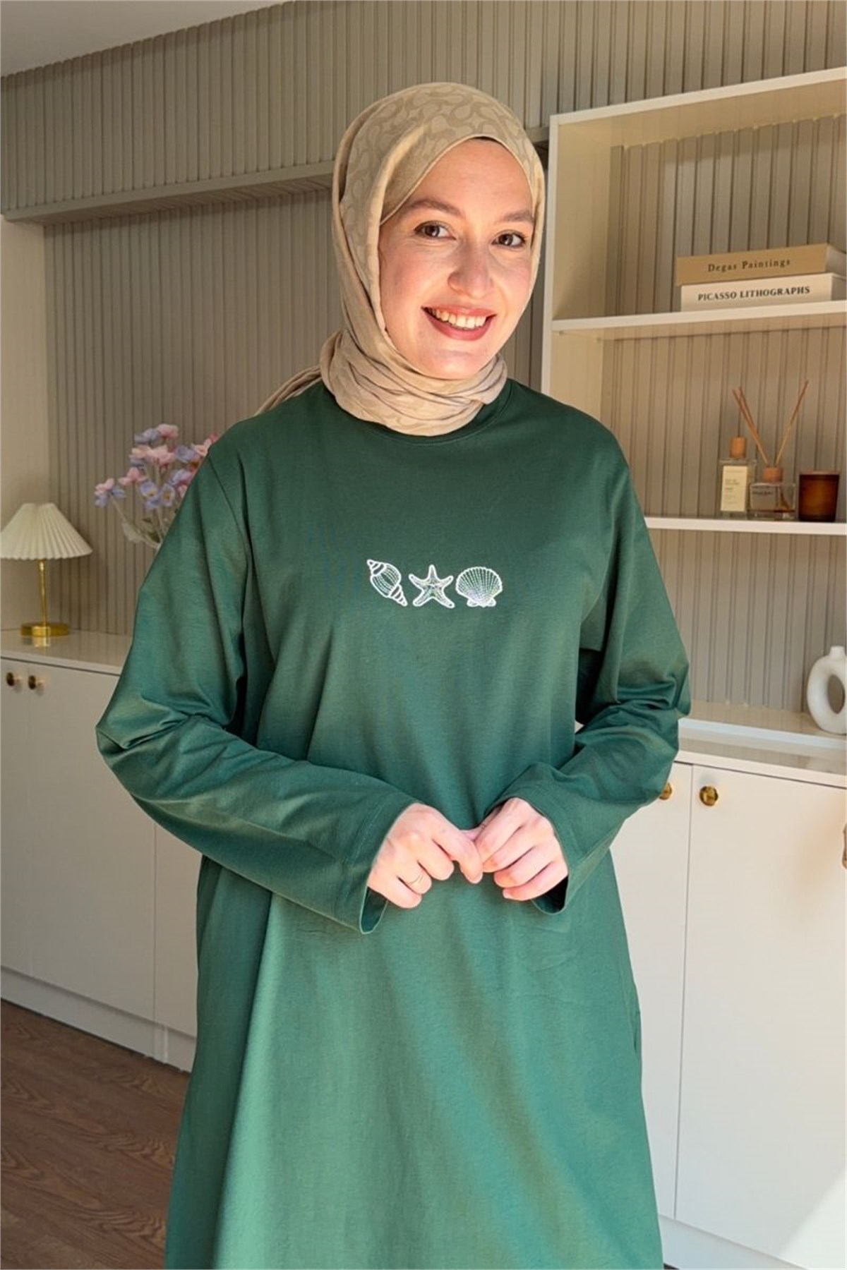 Nakışlı Basic Uzun Tunik Çam Yeşil