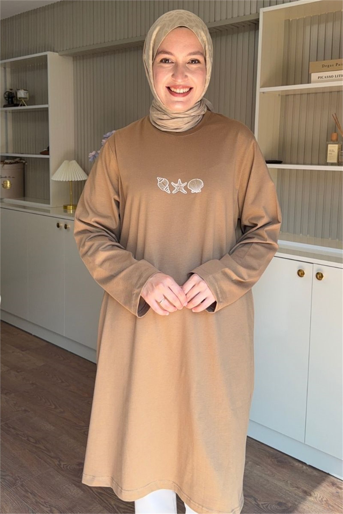 Nakışlı Basic Uzun Tunik Camel