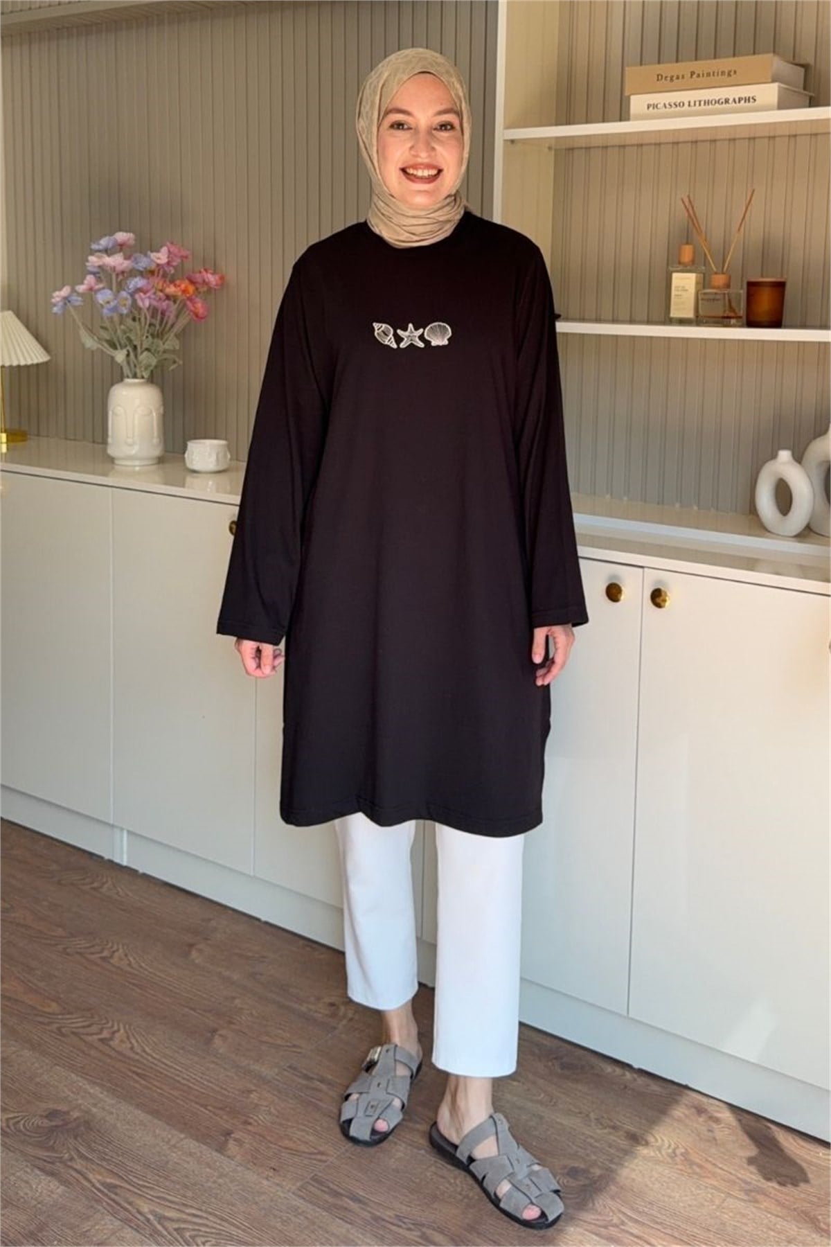 Nakışlı Basic Uzun Tunik Siyah