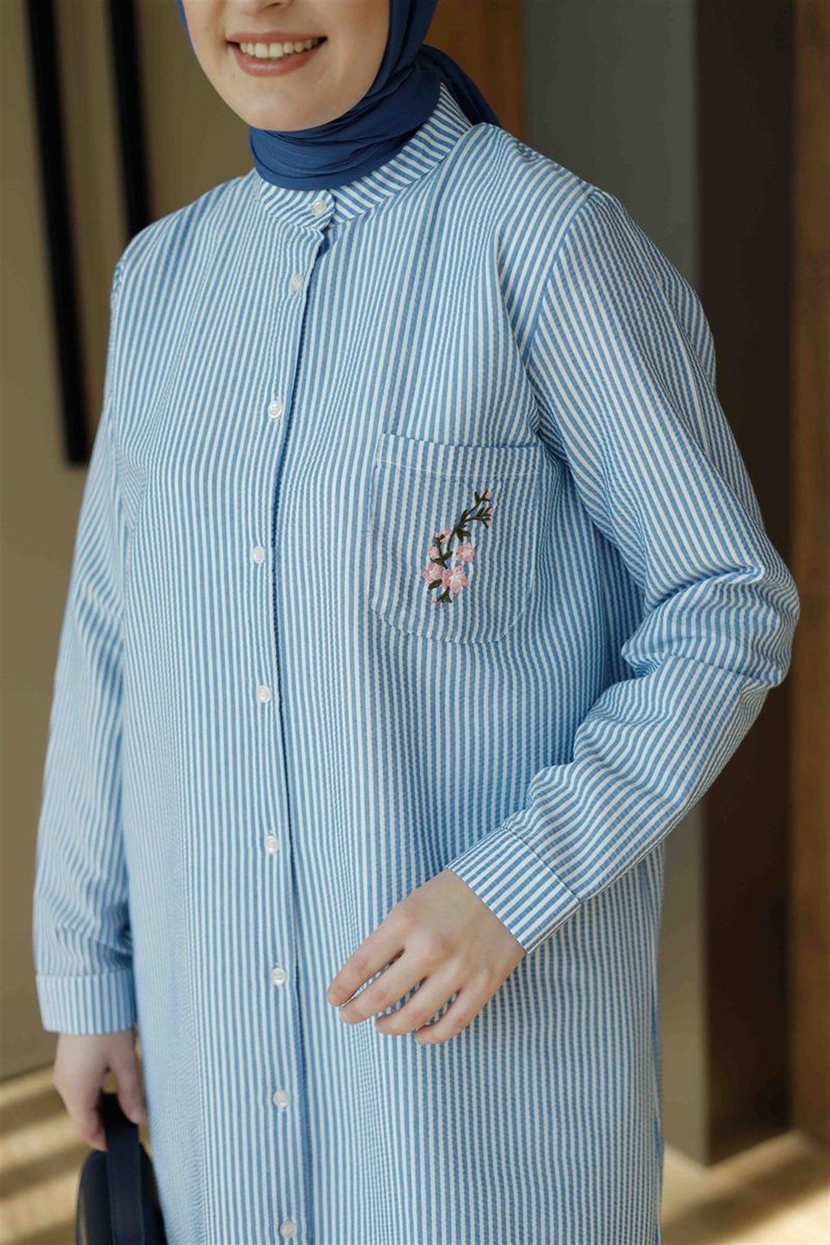 Nakışlı Gofre Çizgili Tunik Mavi