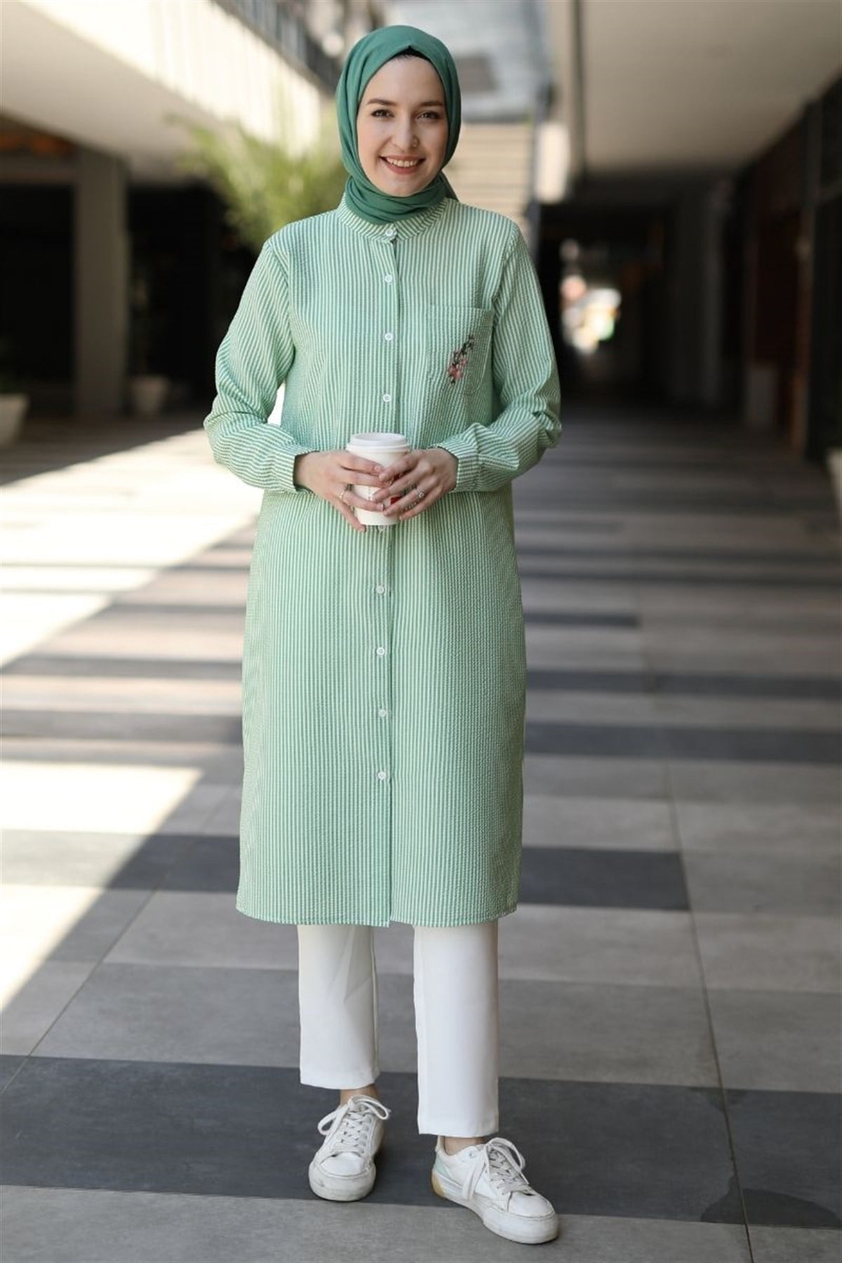Nakışlı Gofre Çizgili Tunik Yeşil