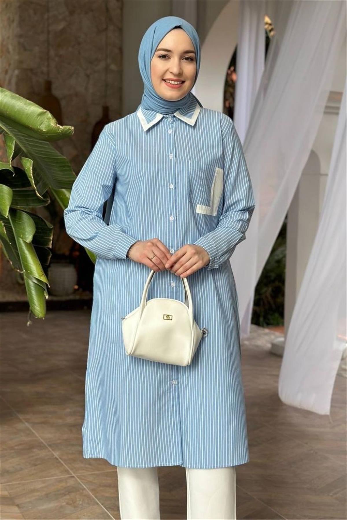 Naturel Çizgili Uzun Tunik Bebe Mavisi