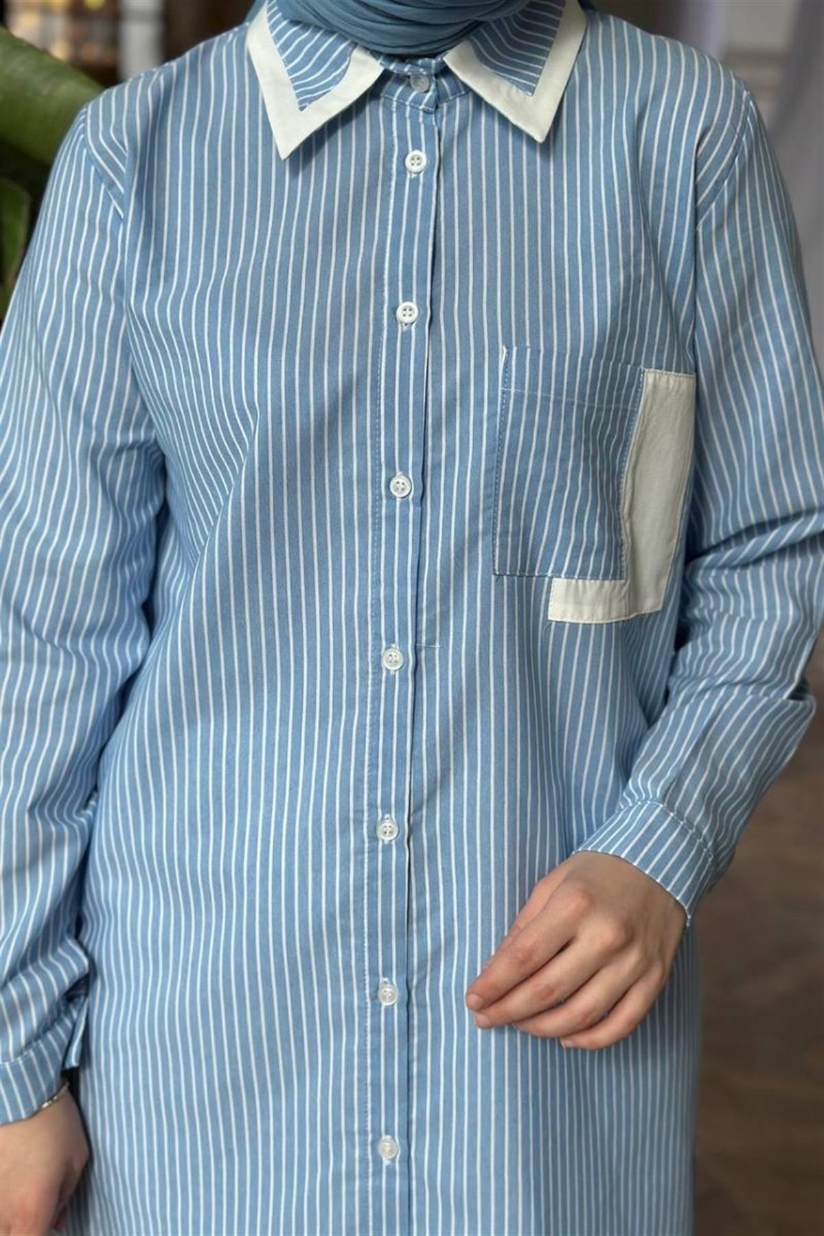 Naturel Çizgili Uzun Tunik Bebe Mavisi