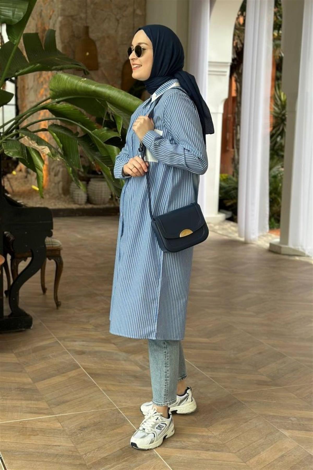 Naturel Çizgili Uzun Tunik Mavi