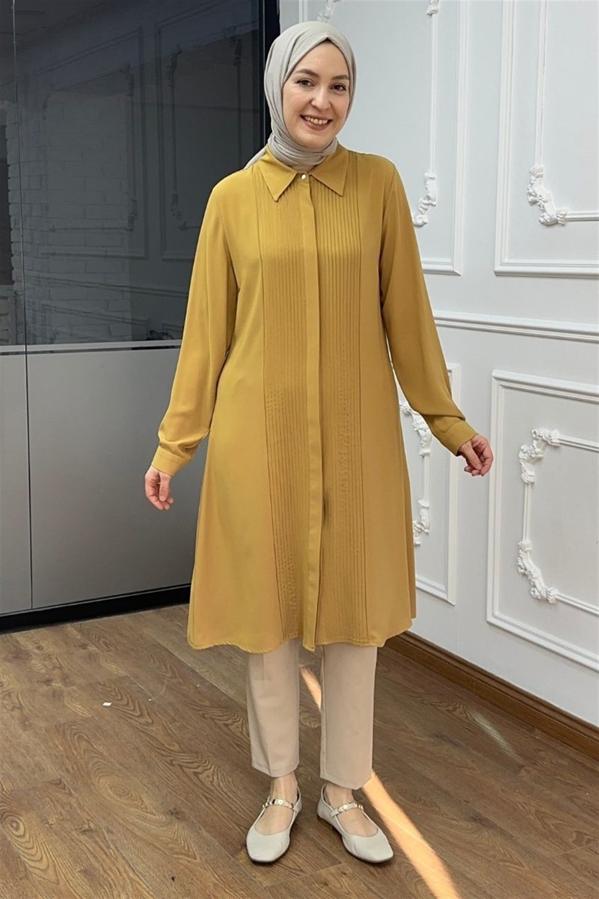 Önü Nervürlü Uzun Tunik Soft Hardal