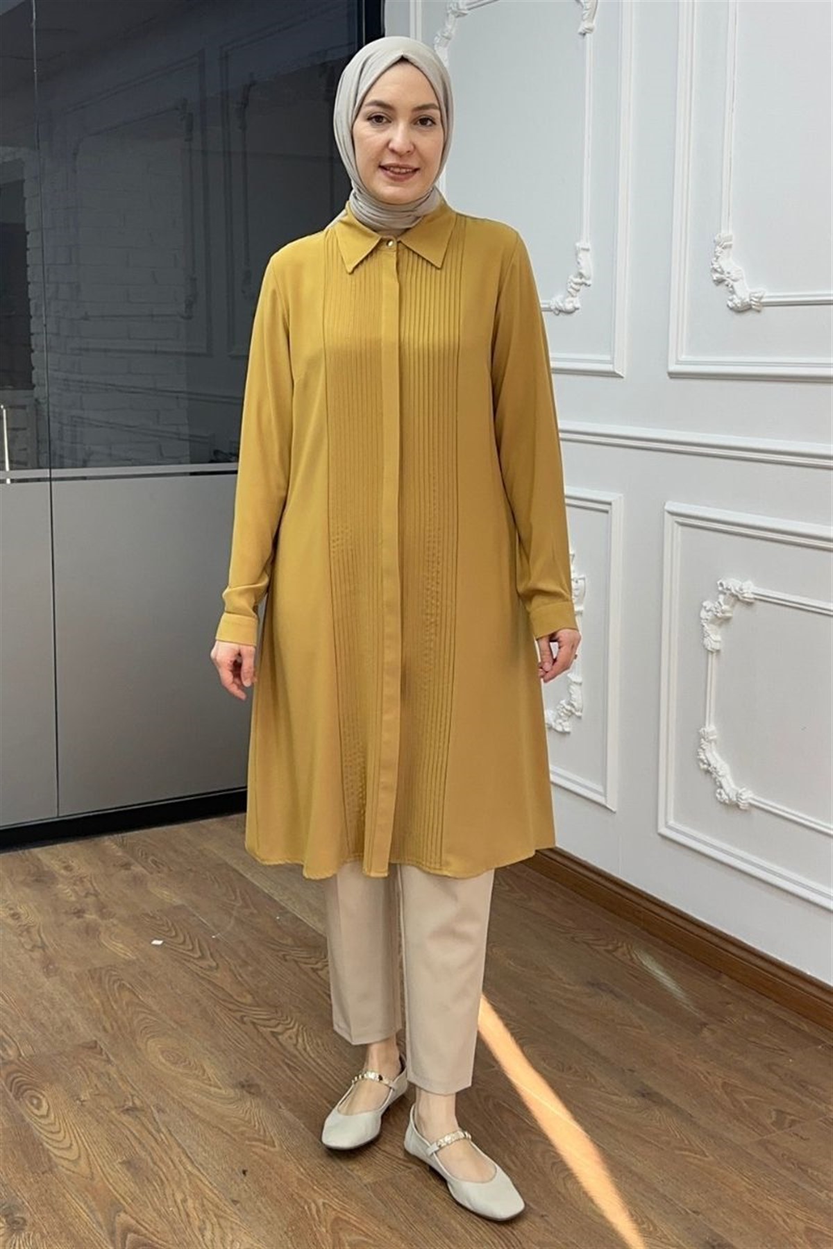 Önü Nervürlü Uzun Tunik Soft Hardal