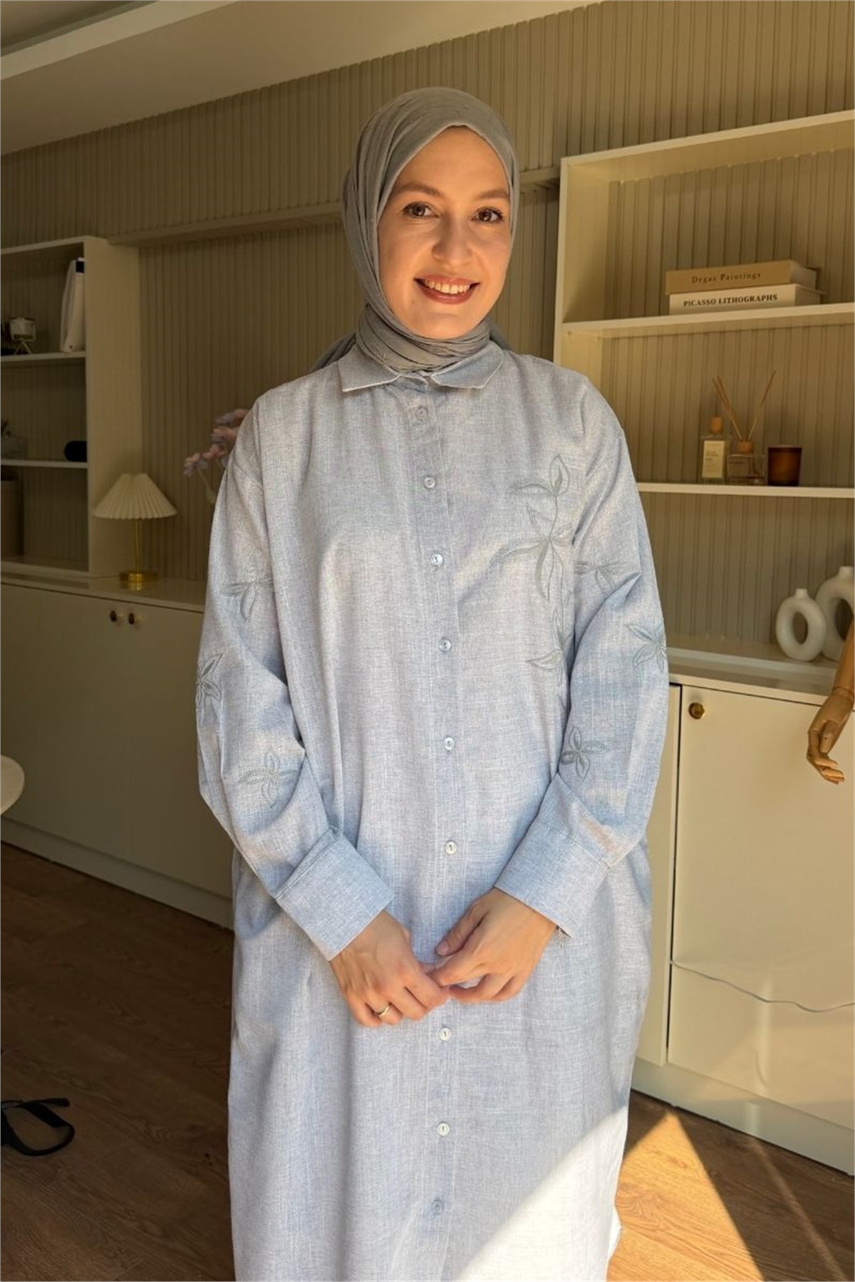 Önü Ve Kolları Nakışlı Keten Tunik Gri