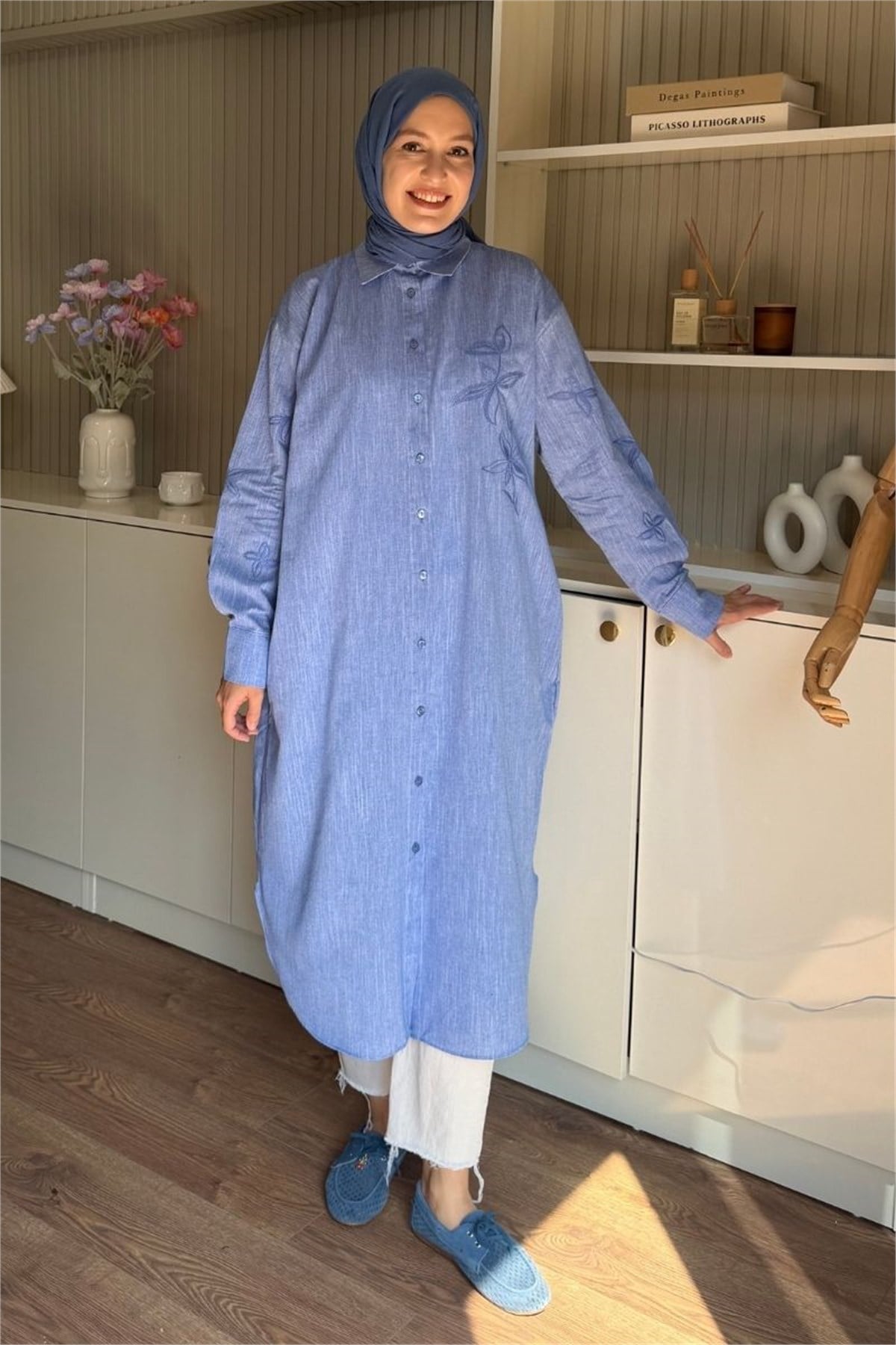 Önü Ve Kolları Nakışlı Keten Tunik İndigo