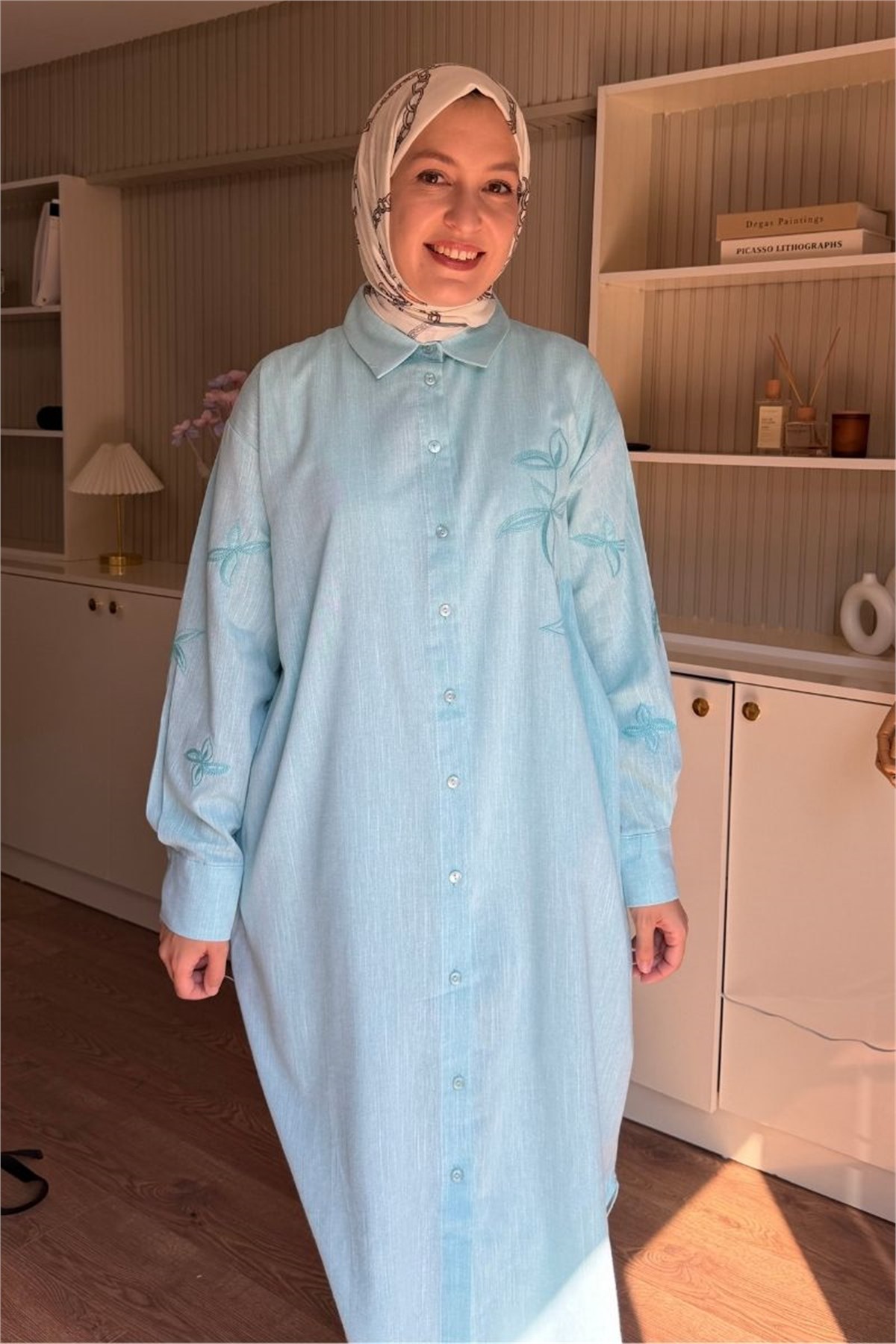 Önü Ve Kolları Nakışlı Keten Tunik Mint