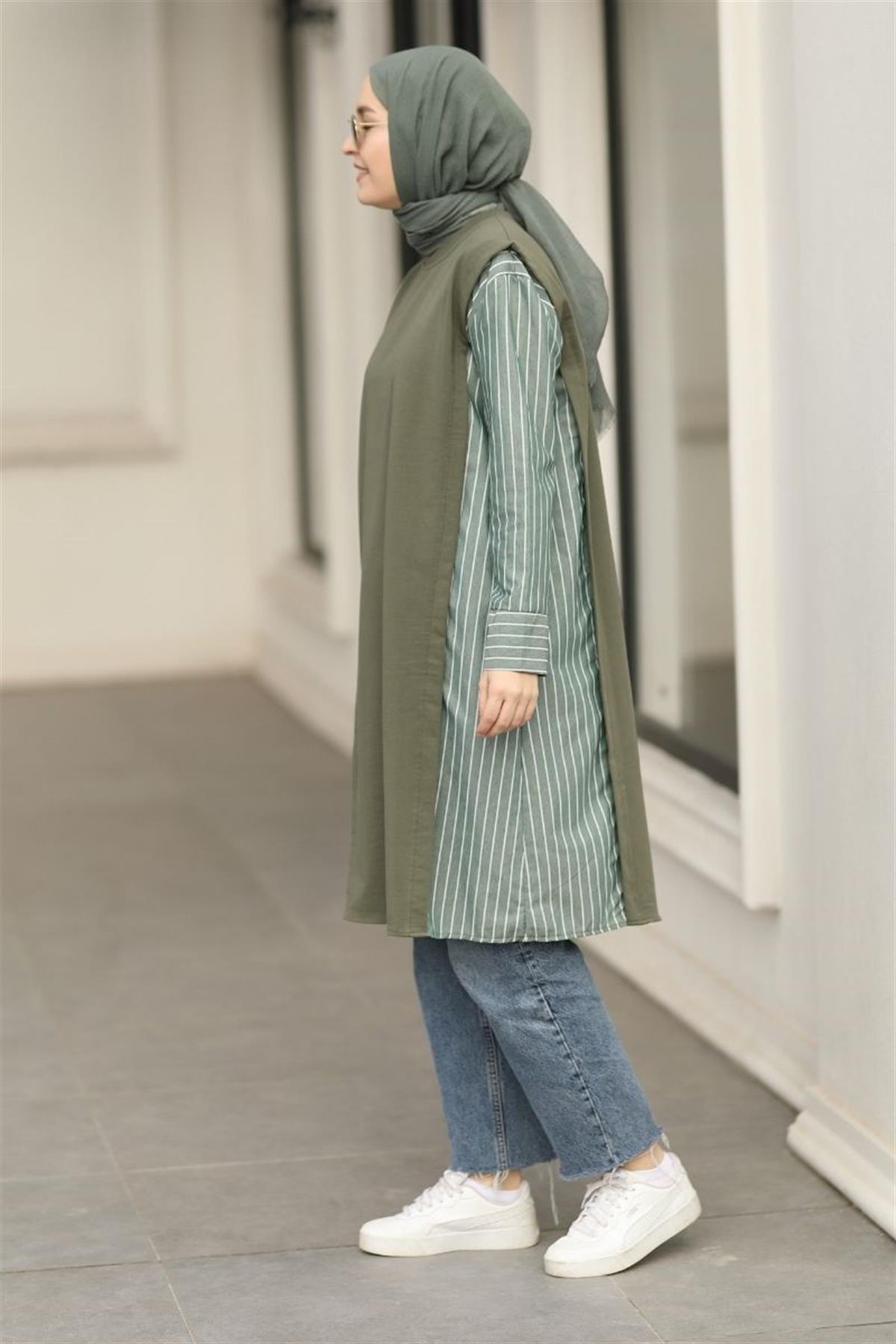 Pera Gömlek Detaylı Uzun Sweat Haki