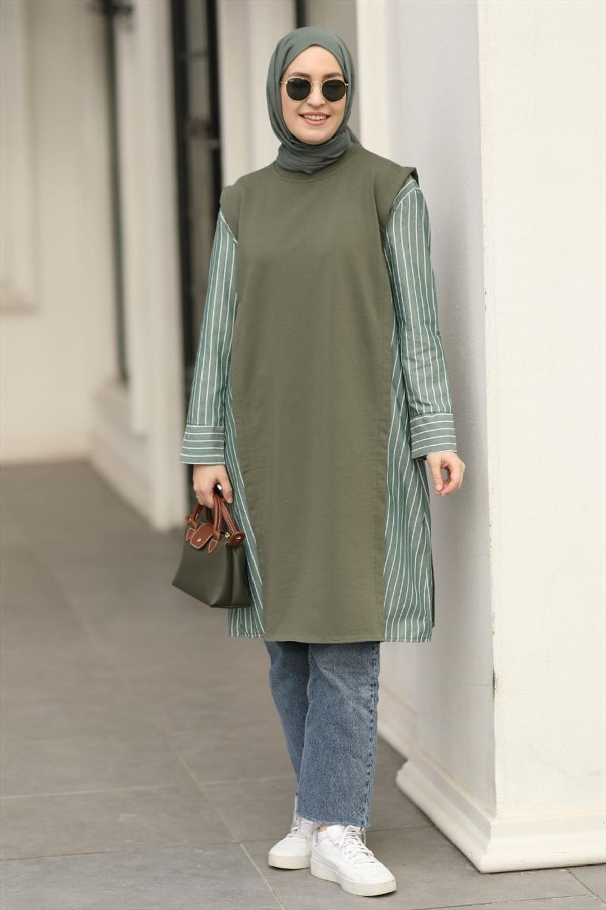 Pera Gömlek Detaylı Uzun Sweat Haki