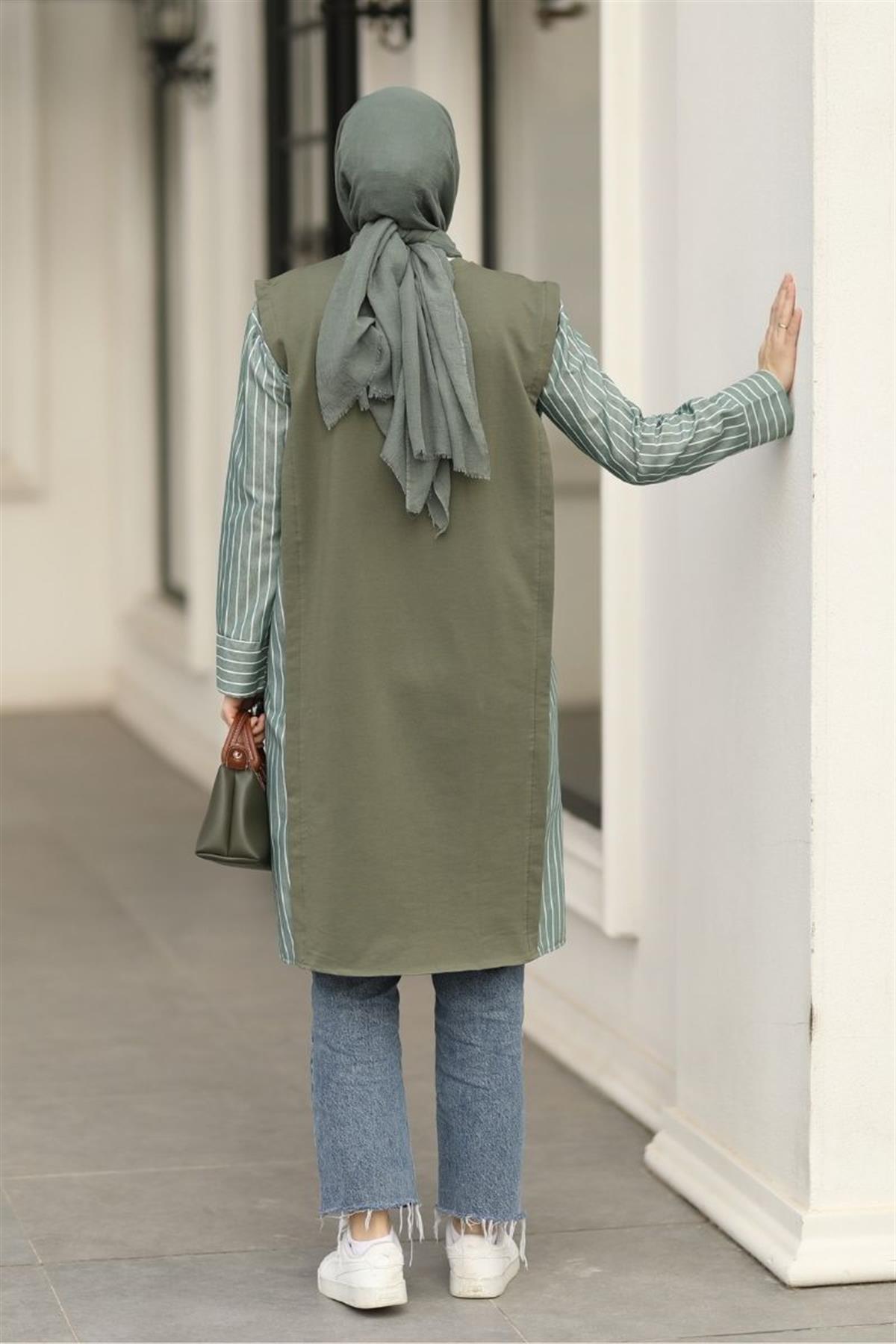 Pera Gömlek Detaylı Uzun Sweat Haki