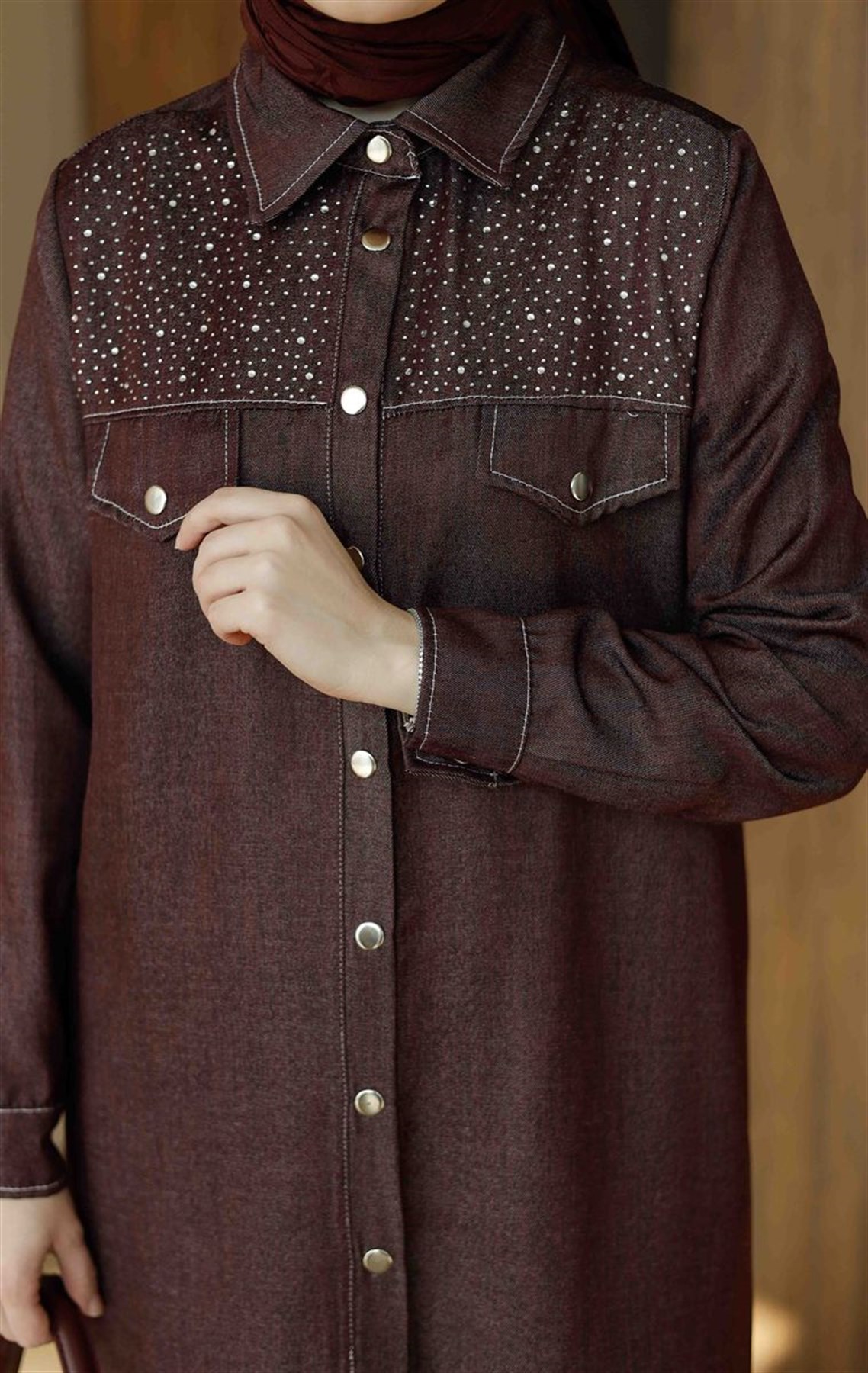 Pul Detaylı Çıtçıtlı Uzun Tunik Bordo