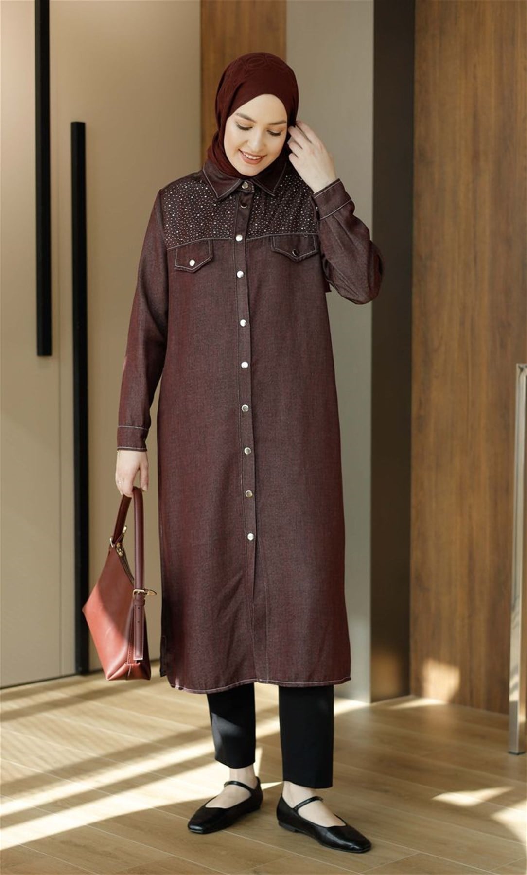 Pul Detaylı Çıtçıtlı Uzun Tunik Bordo
