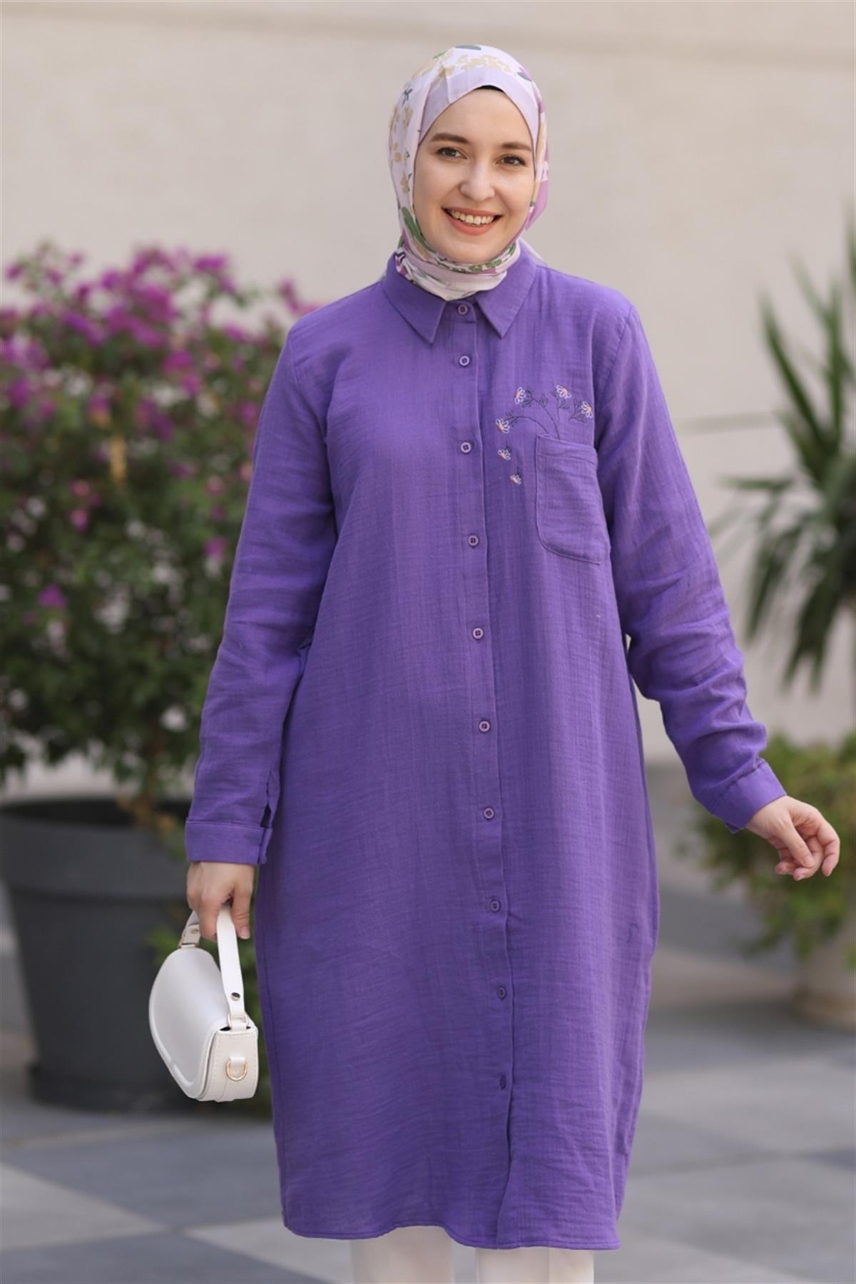 Rosa Nakışlı Müslin Uzun Tunik Mor