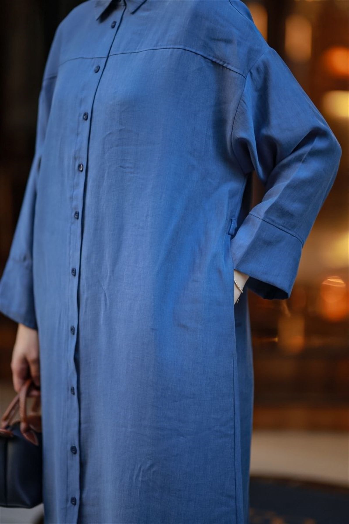 Seyyar Kemerli 120 Cm Tesla Tunik İndigo