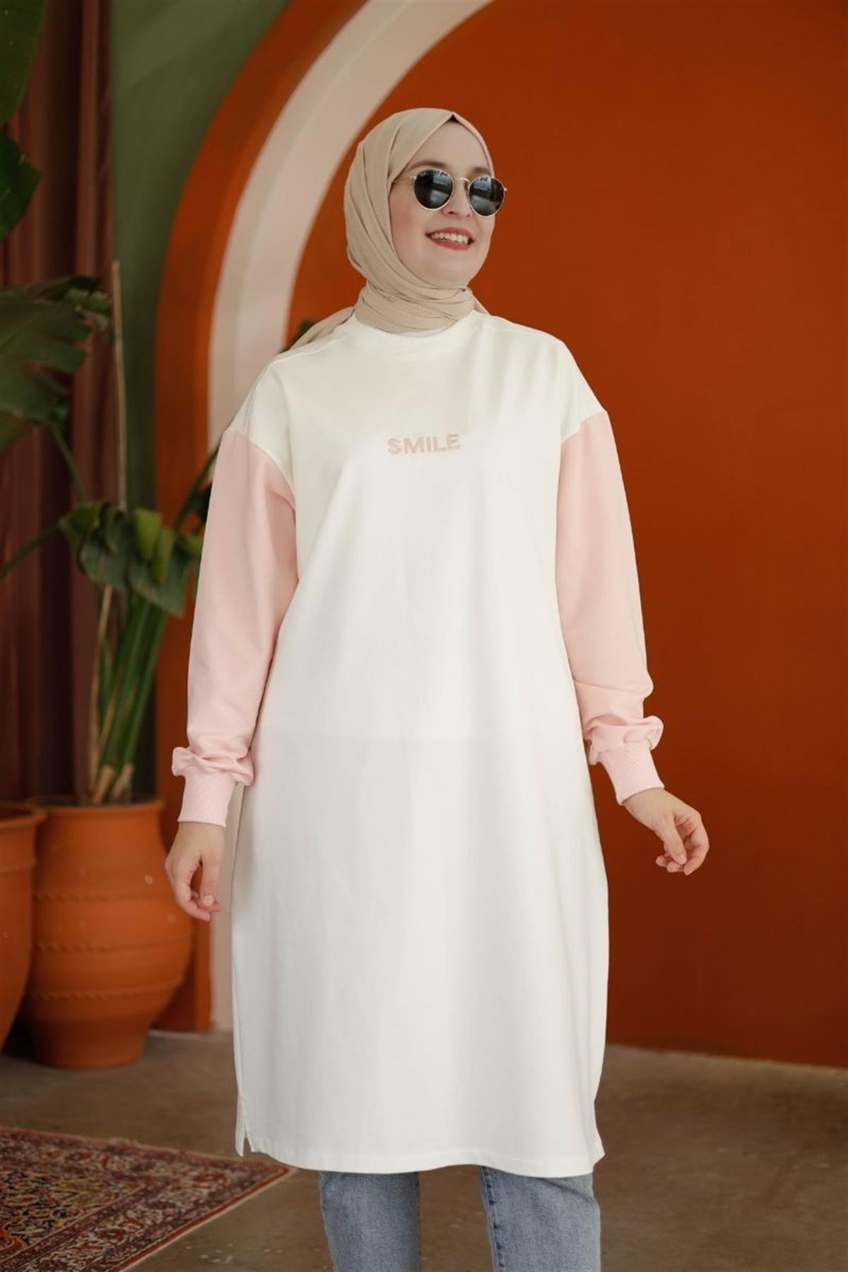 Smile Nakışlı Uzun Sweat Pudra