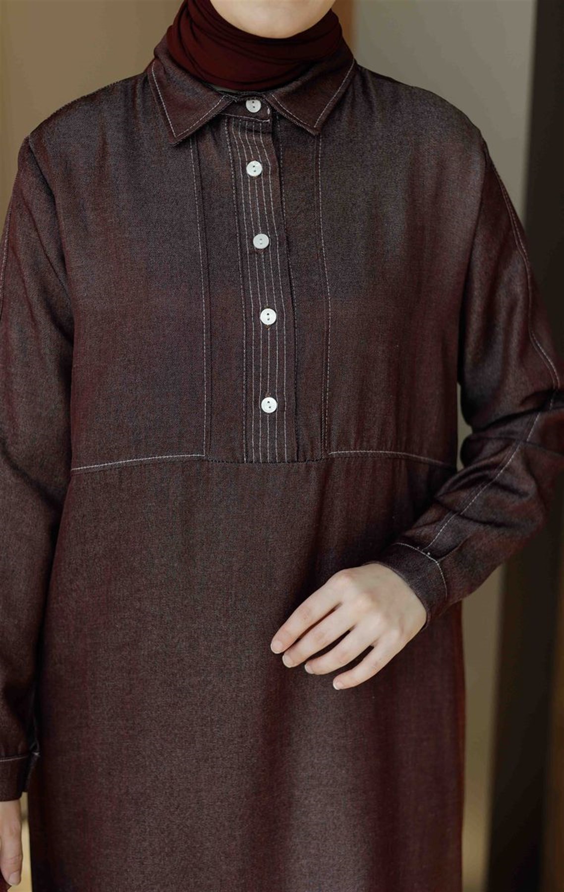 Soft Denim Uzun Tunik Bordo