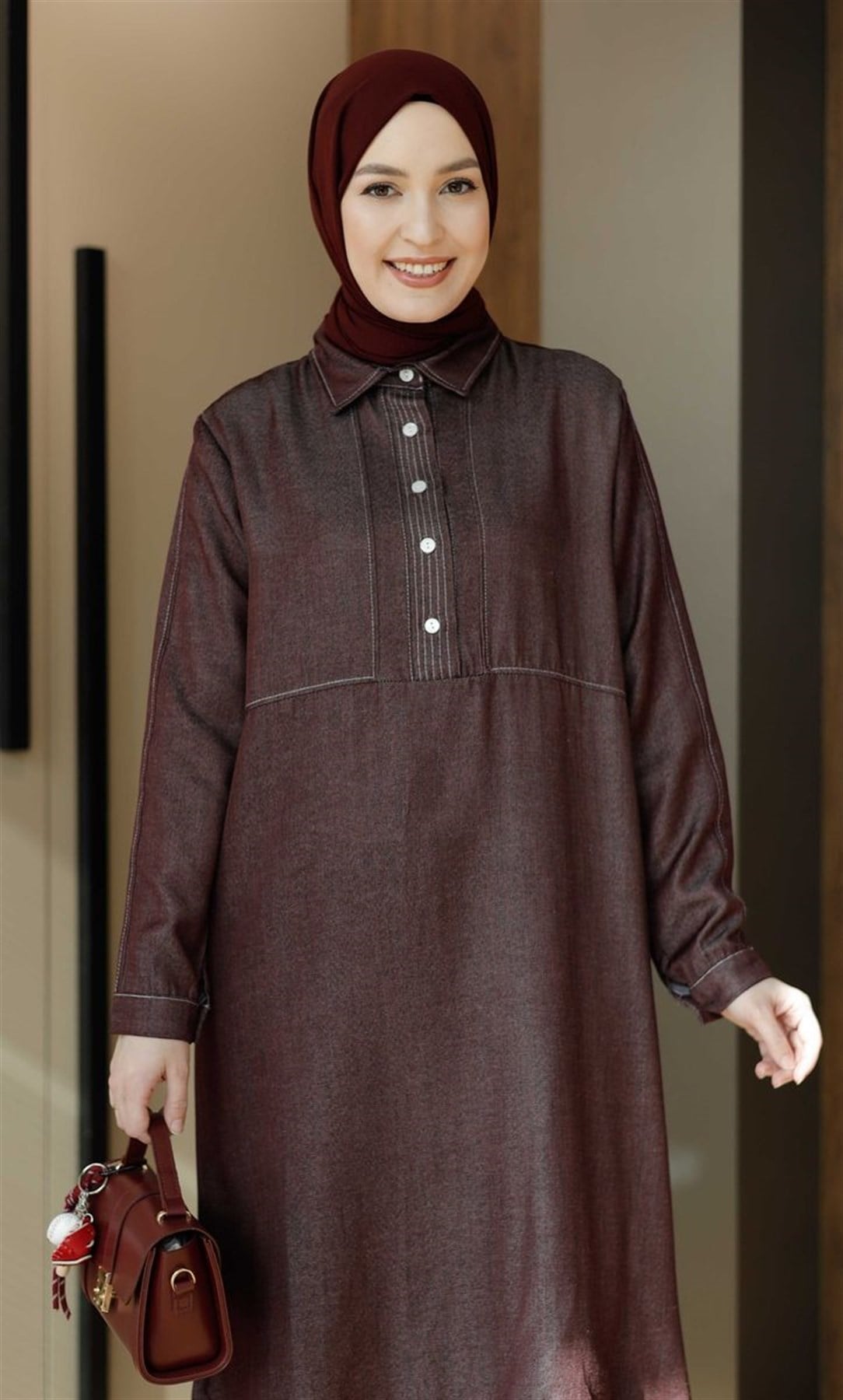 Soft Denim Uzun Tunik Bordo