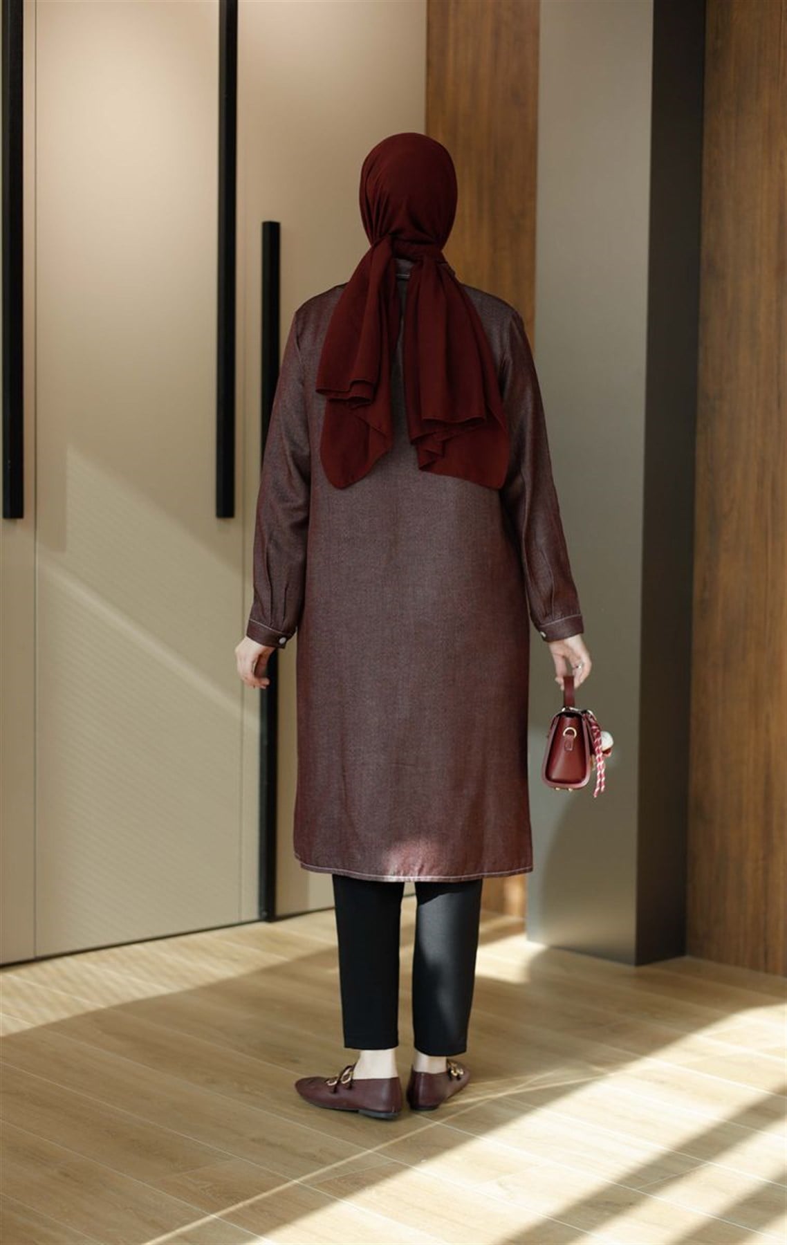 Soft Denim Uzun Tunik Bordo