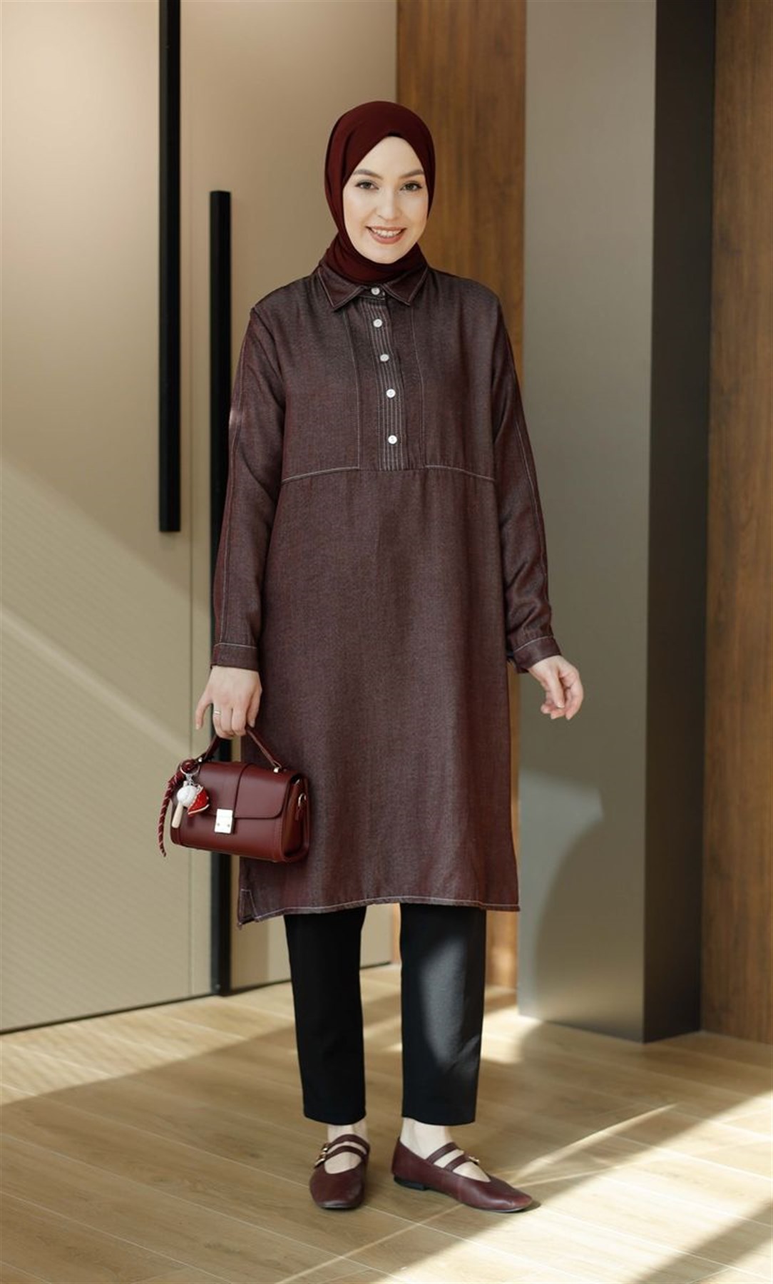 Soft Denim Uzun Tunik Bordo