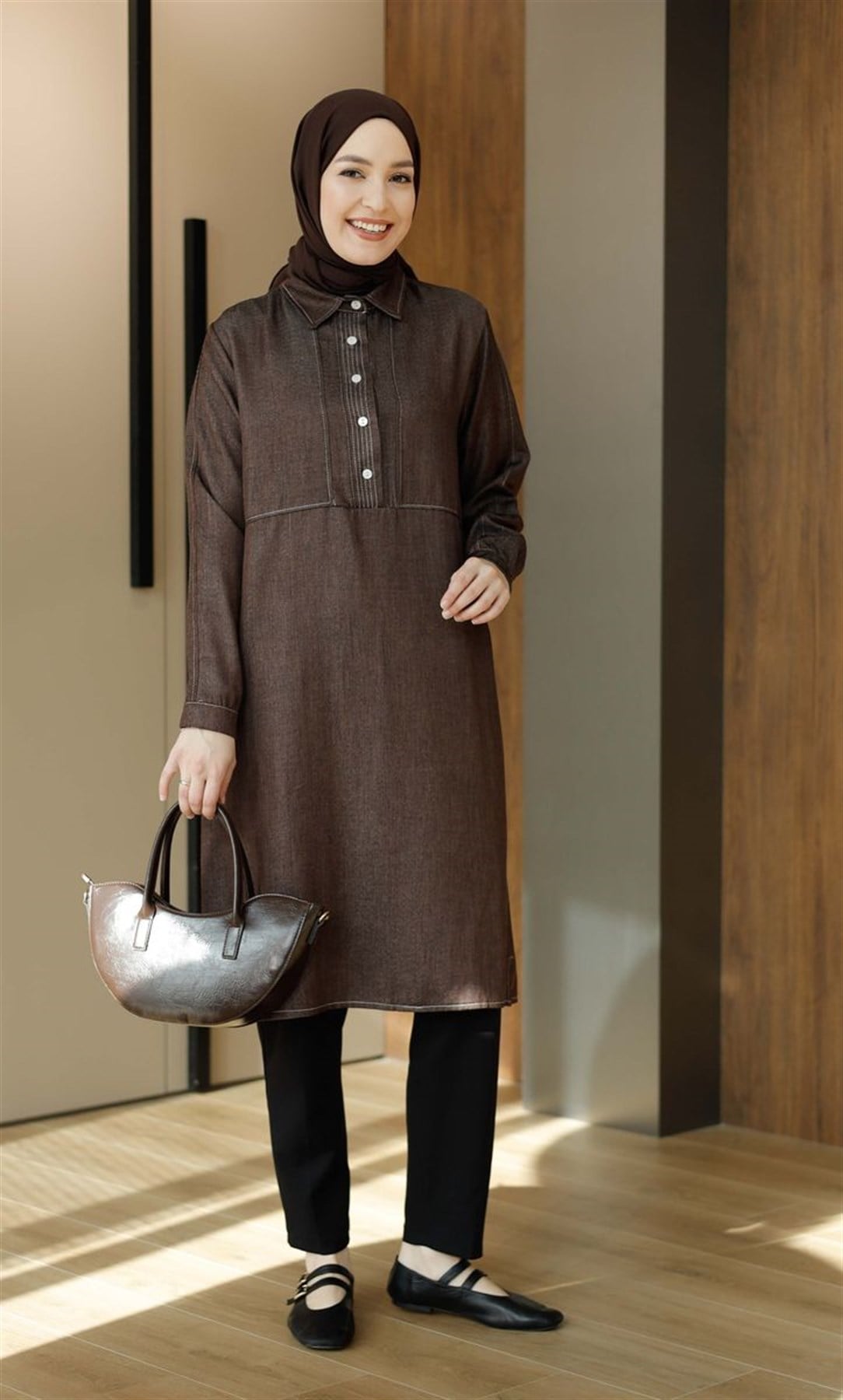 Soft Denim Uzun Tunik Kahve