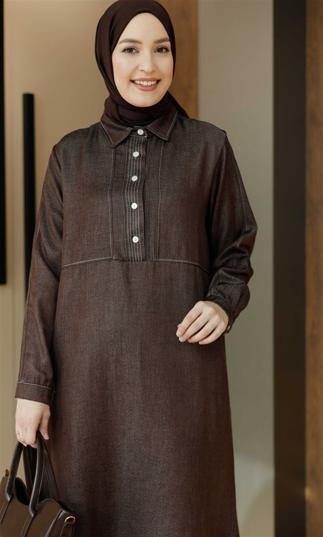 Soft Denim Uzun Tunik Kahve